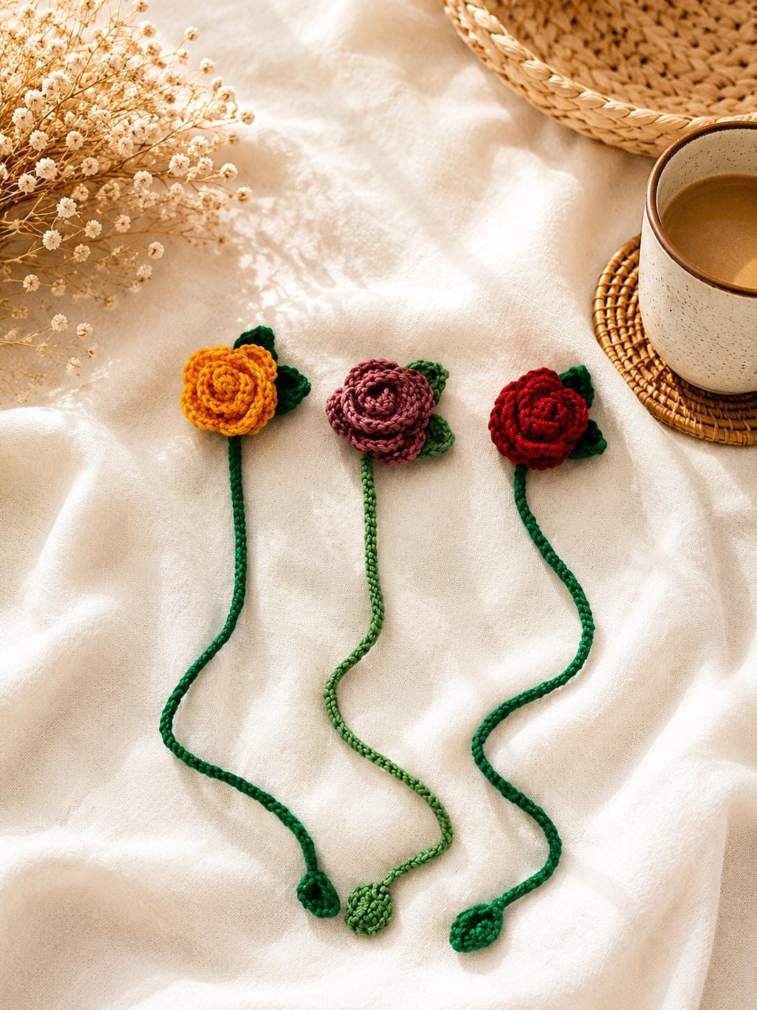 Crochet Rose Bookmark, Floral Book Lover Gift, Handmade Flower Bookmark (Set Option) __etsy:8081170532