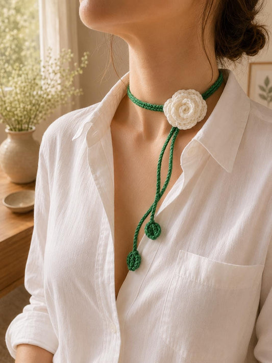 Crochet Rose Choker Tie, Floral Neck Accessory, Boho Cotton Yarn Styling __etsy:8145289125