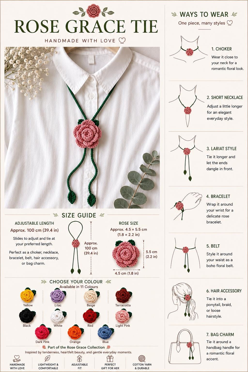 Crochet Rose Choker Tie, Floral Neck Accessory, Boho Cotton Yarn Styling __etsy:8097483694