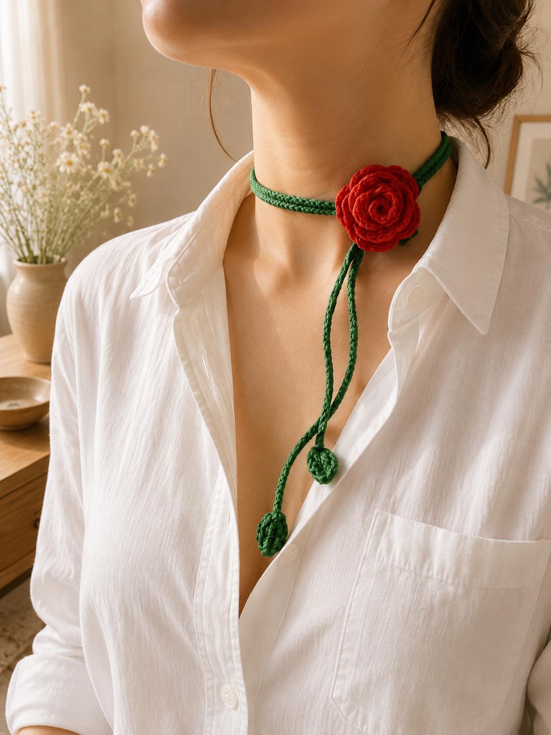 Crochet Rose Choker Tie, Floral Neck Accessory, Boho Cotton Yarn Styling __etsy:8097381042