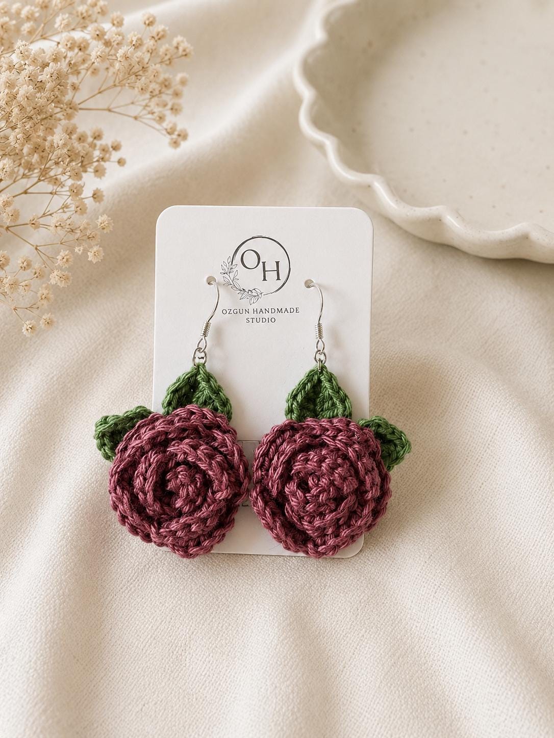 Crochet Rose Earrings, Sterling Silver Hooks, Handmade Floral Jewellery, Brooch Set Option __etsy:8070991754