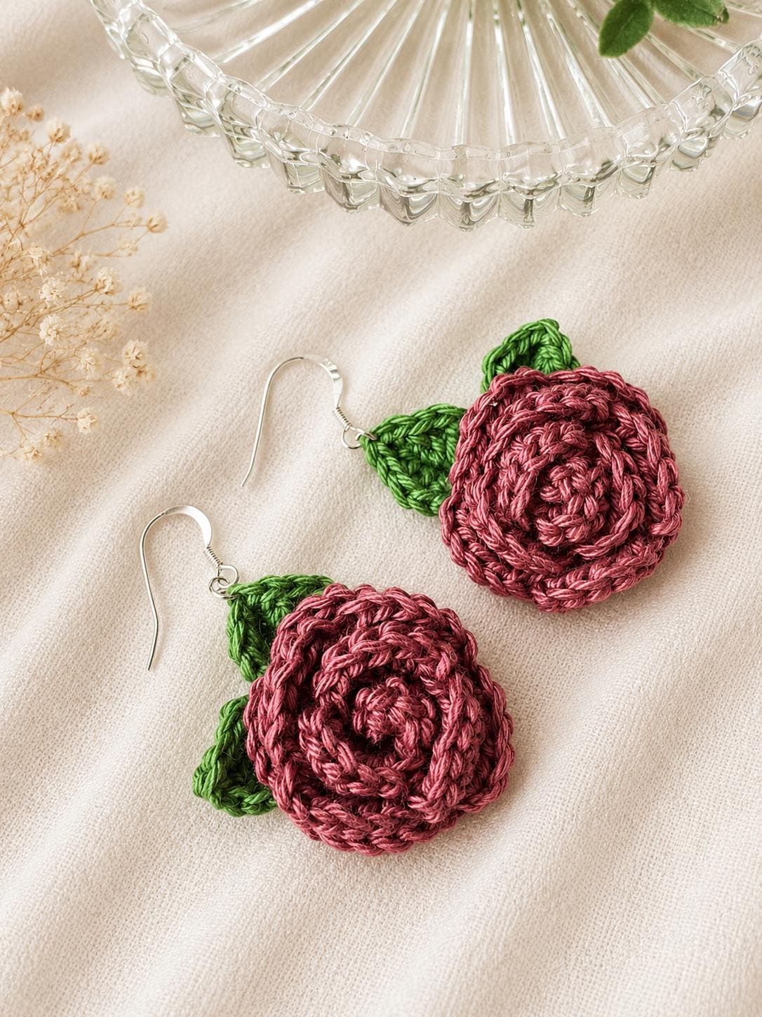 Crochet Rose Earrings, Sterling Silver Hooks, Handmade Floral Jewellery, Brooch Set Option __etsy:8071008100