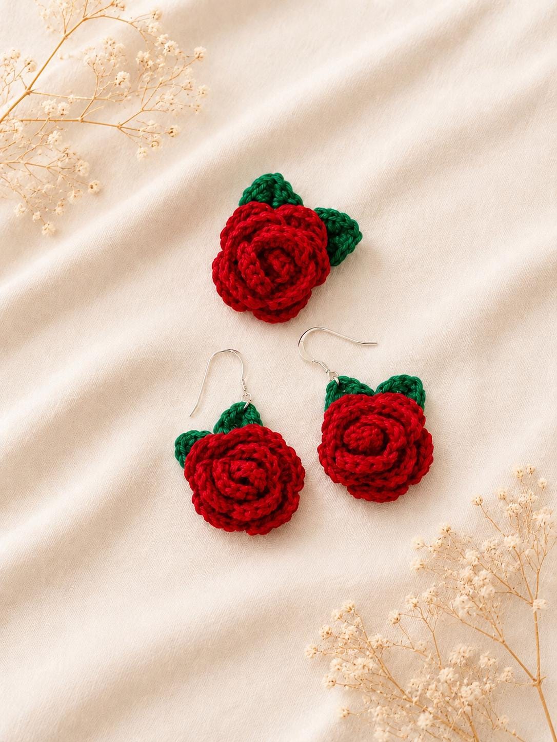 Crochet Rose Earrings, Sterling Silver Hooks, Handmade Floral Jewellery, Brooch Set Option __etsy:8118972315