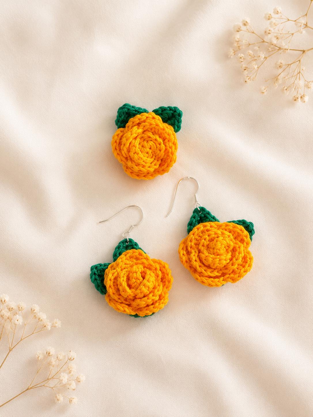 Crochet Rose Earrings, Sterling Silver Hooks, Handmade Floral Jewellery, Brooch Set Option __etsy:8071089494
