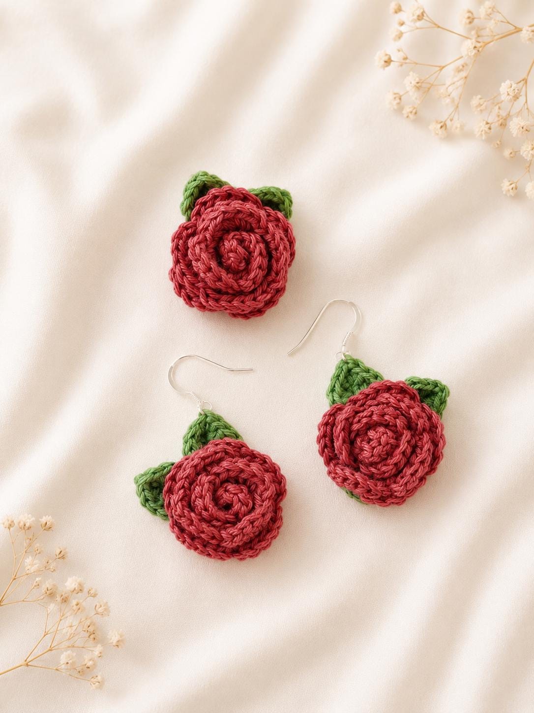 Crochet Rose Earrings, Sterling Silver Hooks, Handmade Floral Jewellery, Brooch Set Option __etsy:8119019577