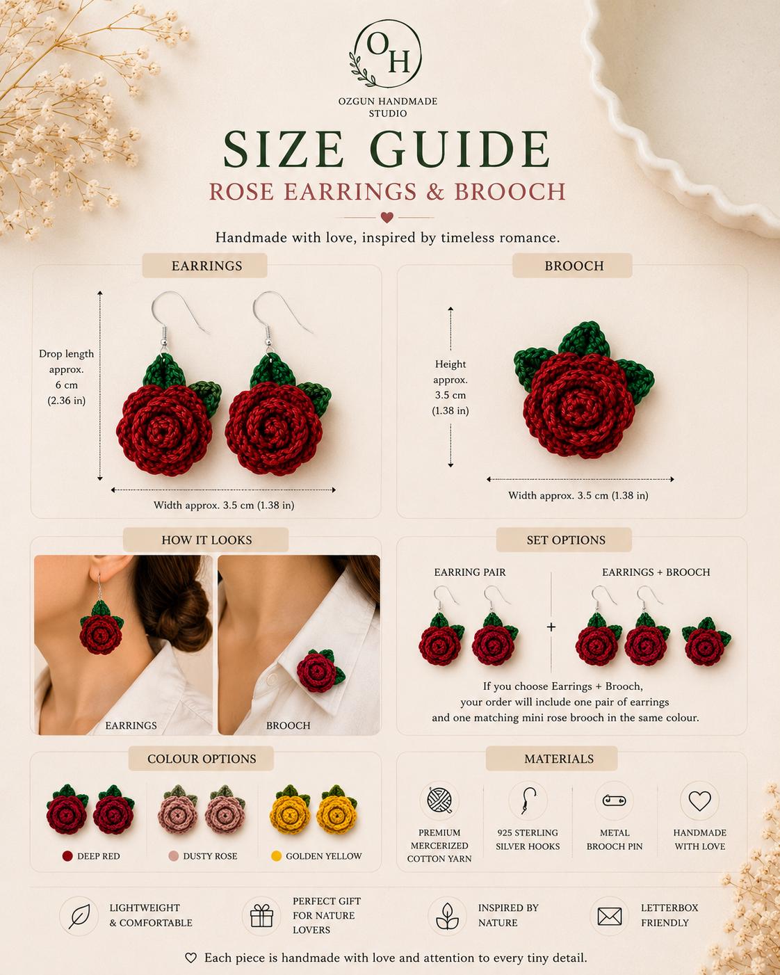 Crochet Rose Earrings, Sterling Silver Hooks, Handmade Floral Jewellery, Brooch Set Option __etsy:8119083325