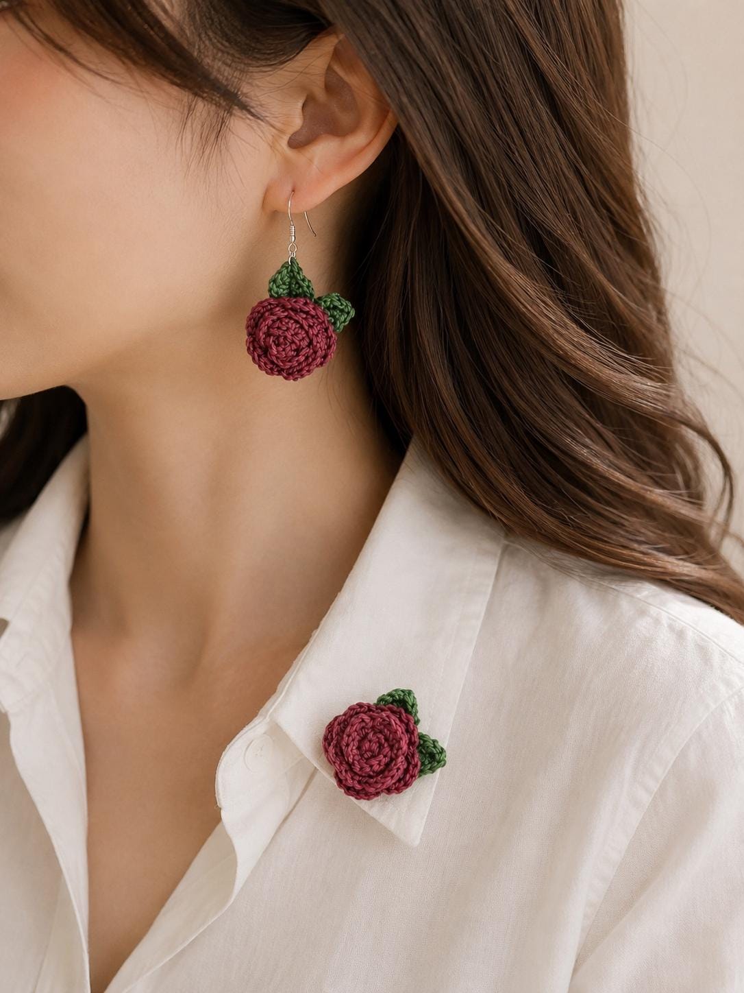 Crochet Rose Earrings, Sterling Silver Hooks, Handmade Floral Jewellery, Brooch Set Option __etsy:8071075658
