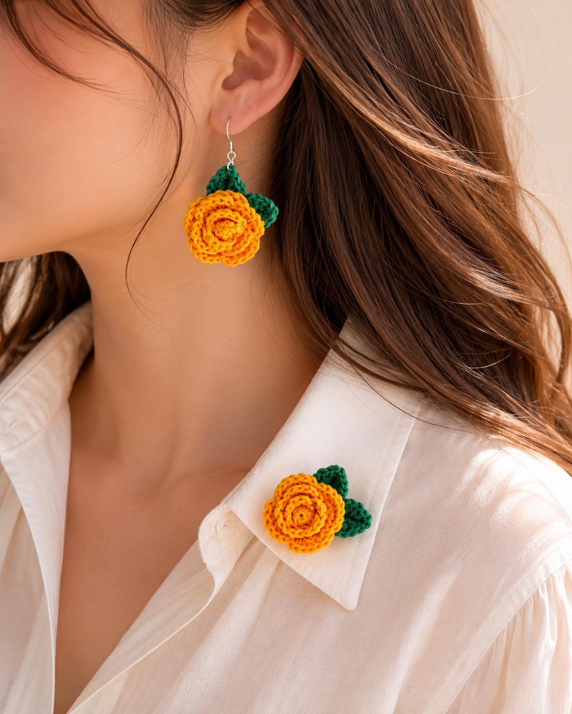 Crochet Rose Earrings, Sterling Silver Hooks, Handmade Floral Jewellery, Brooch Set Option __etsy:8071069542