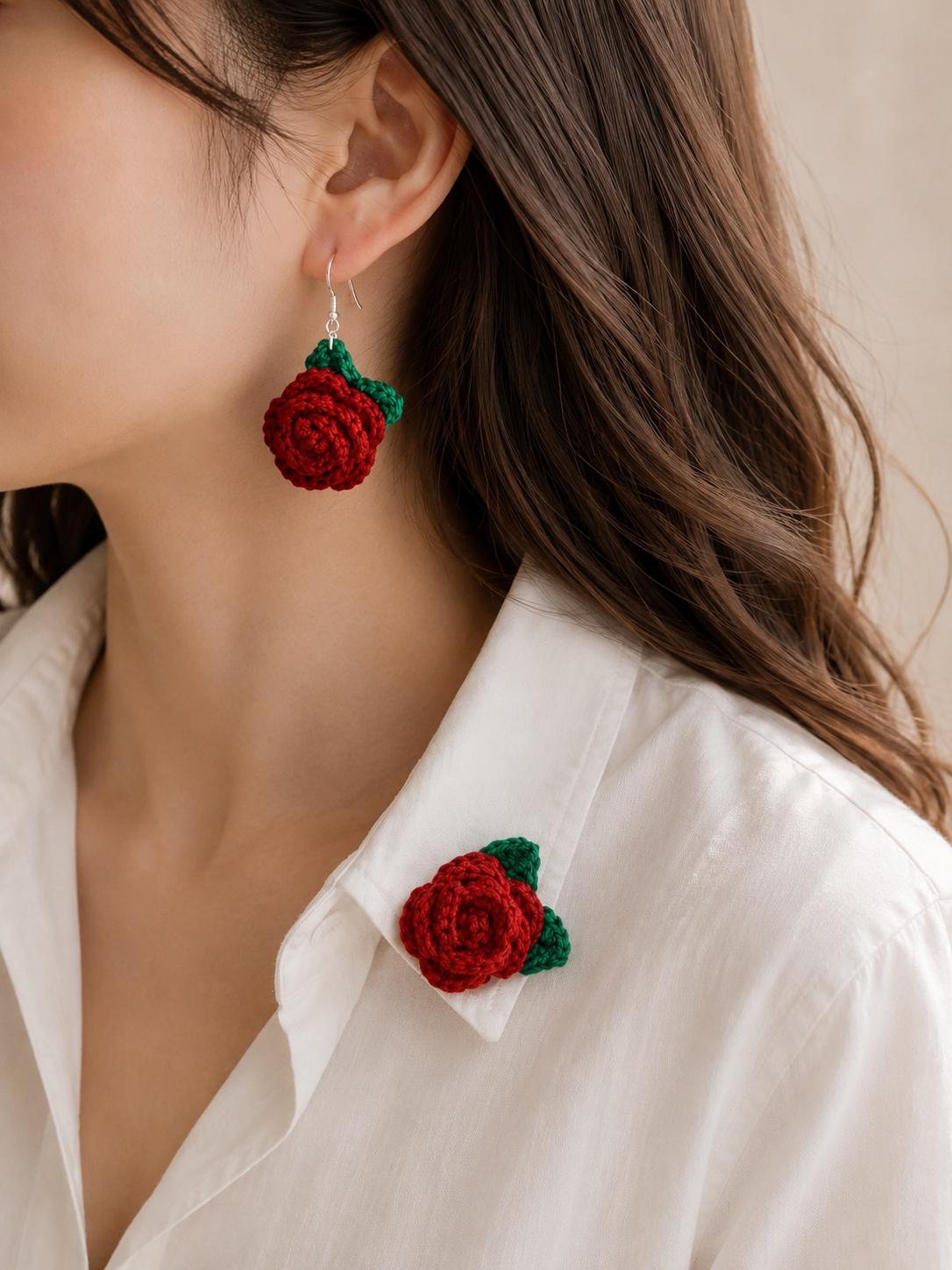 Crochet Rose Earrings, Sterling Silver Hooks, Handmade Floral Jewellery, Brooch Set Option __etsy:8118990351