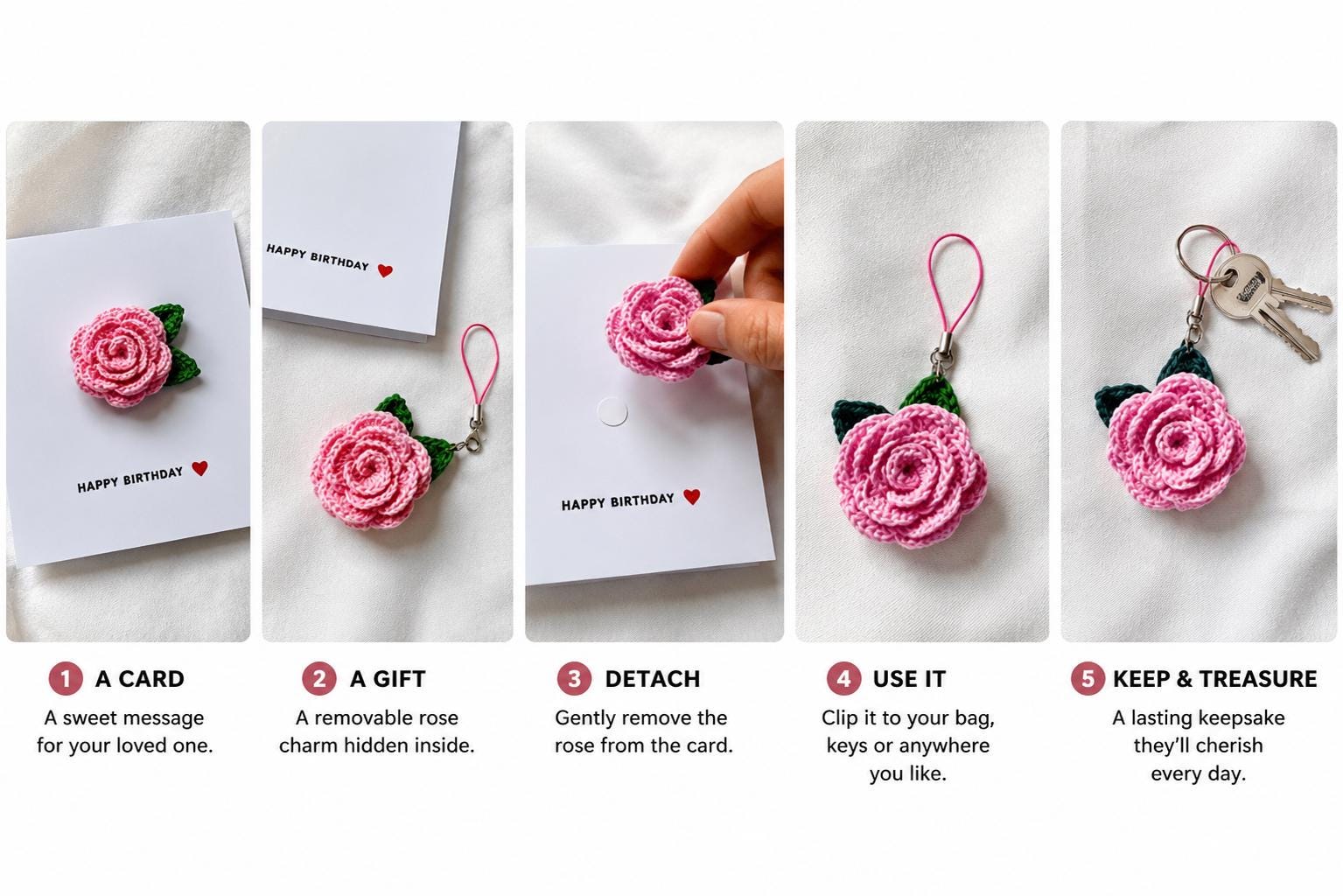 Crochet Rose Greeting Card with Removable Charm, Flower Card Gift, Choose Your Message __etsy:8152849039