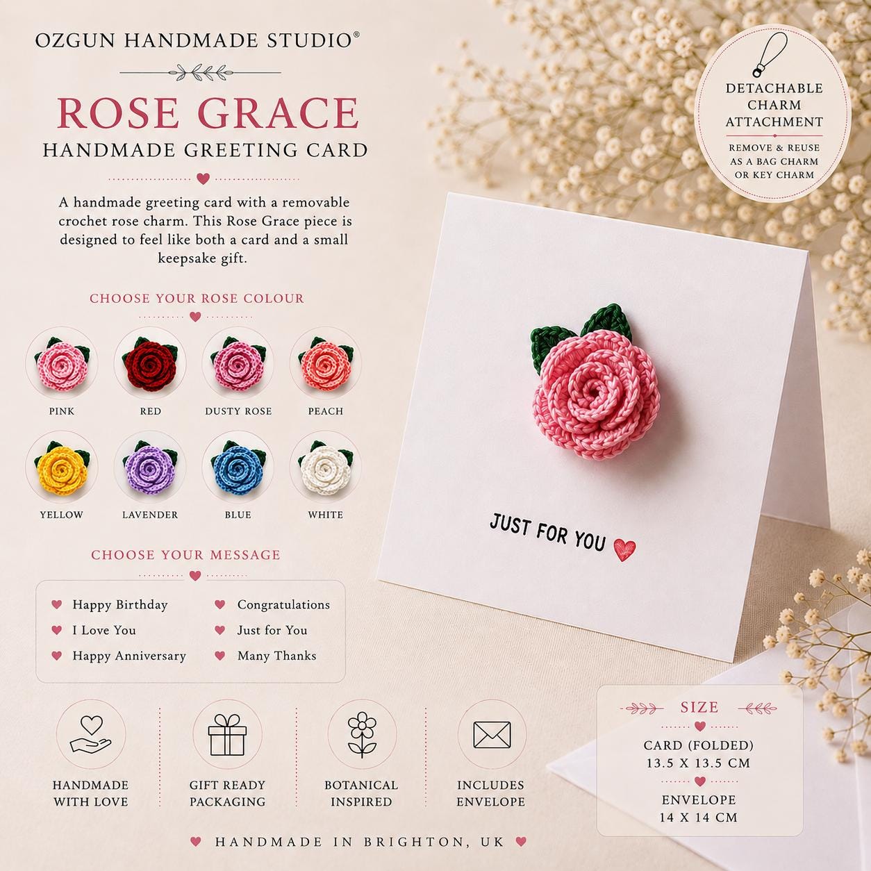 Crochet Rose Greeting Card with Removable Charm, Flower Card Gift, Choose Your Message __etsy:8053705532