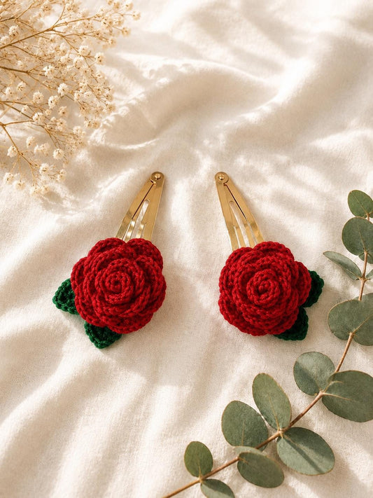 Crochet Rose Hair Clip, Floral Barrette, Handmade Flower Hair Accessory, Single or Pair __etsy:8097562156