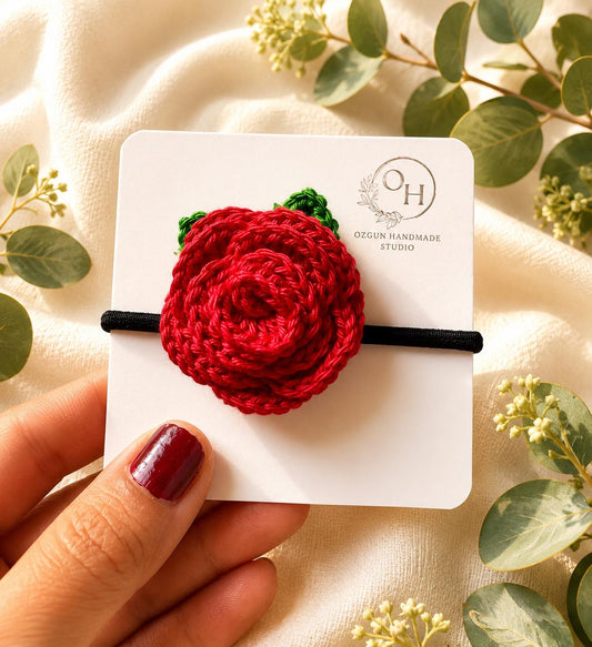 Crochet Rose Hair Tie, Floral Ponytail Holder, Handmade Flower Hair Accessory, Single or Set __etsy:8088850678