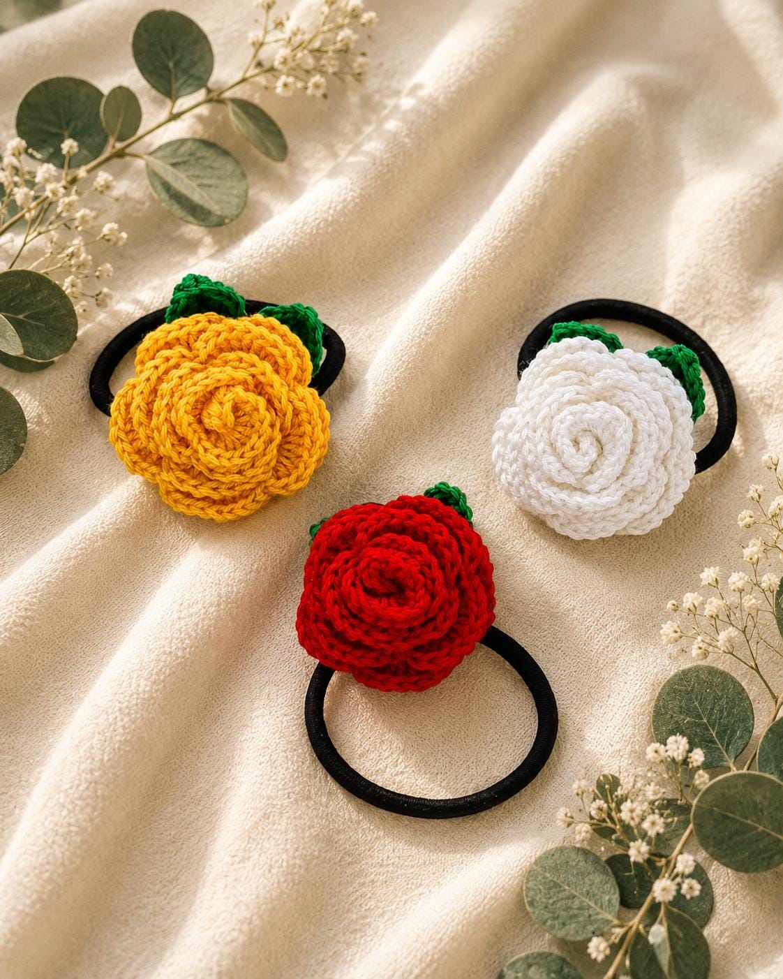 Crochet Rose Hair Tie, Floral Ponytail Holder, Handmade Flower Hair Accessory, Single or Set __etsy:8088900314