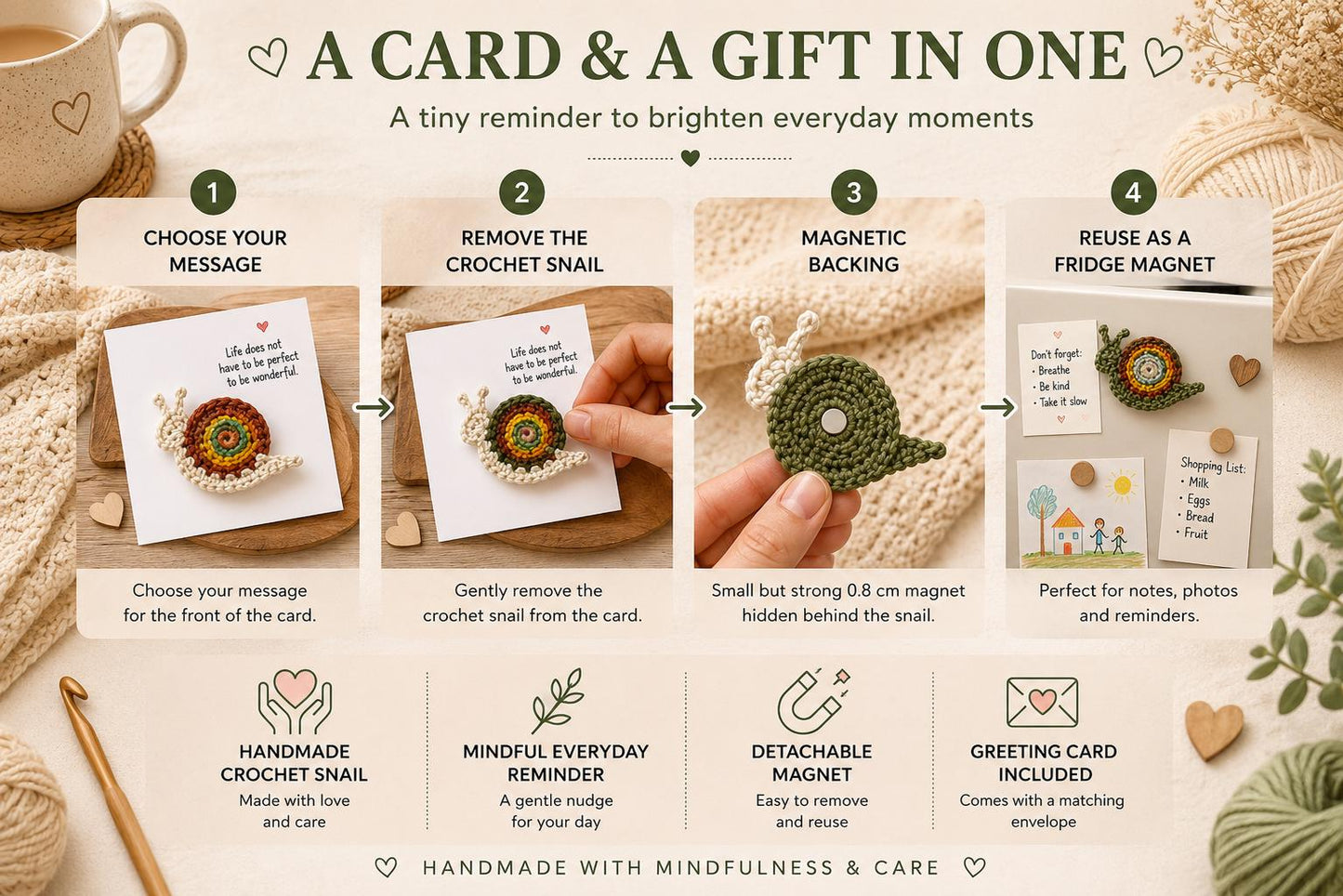 Crochet Snail Magnet Card, Positive Message Gift, Letterbox Surprise, Friendship Keepsake __etsy:8159693847