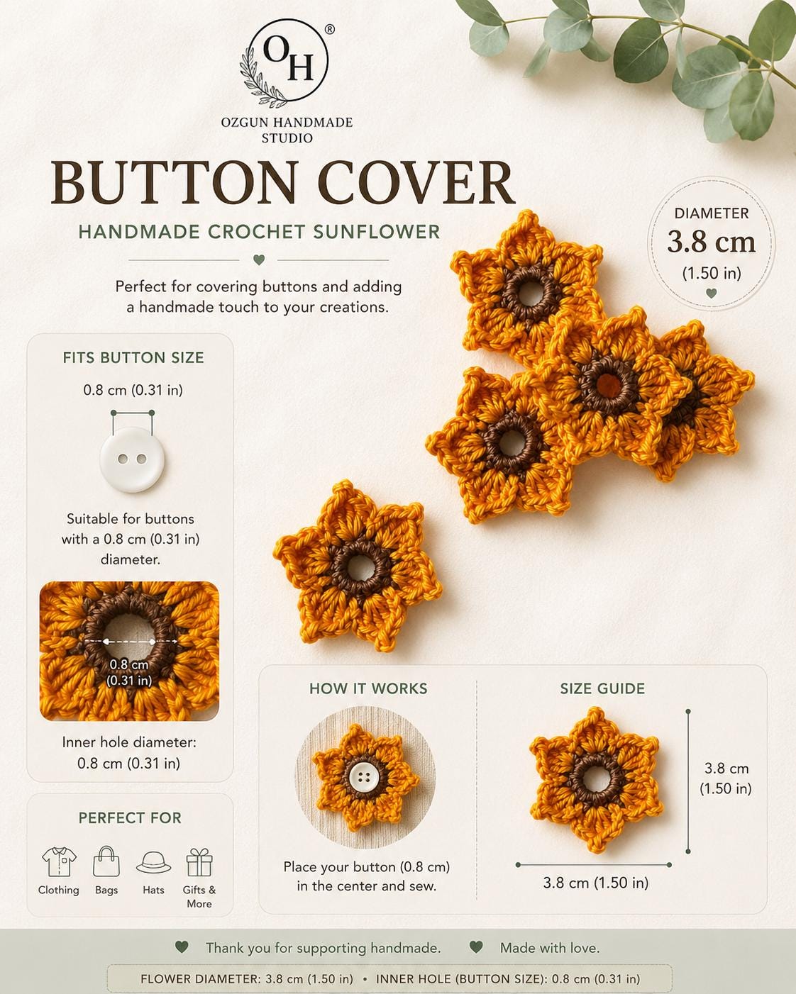 Crochet Sunflower Button Covers, No-Sew Removable Floral Shirt Accessory __etsy:8141669157