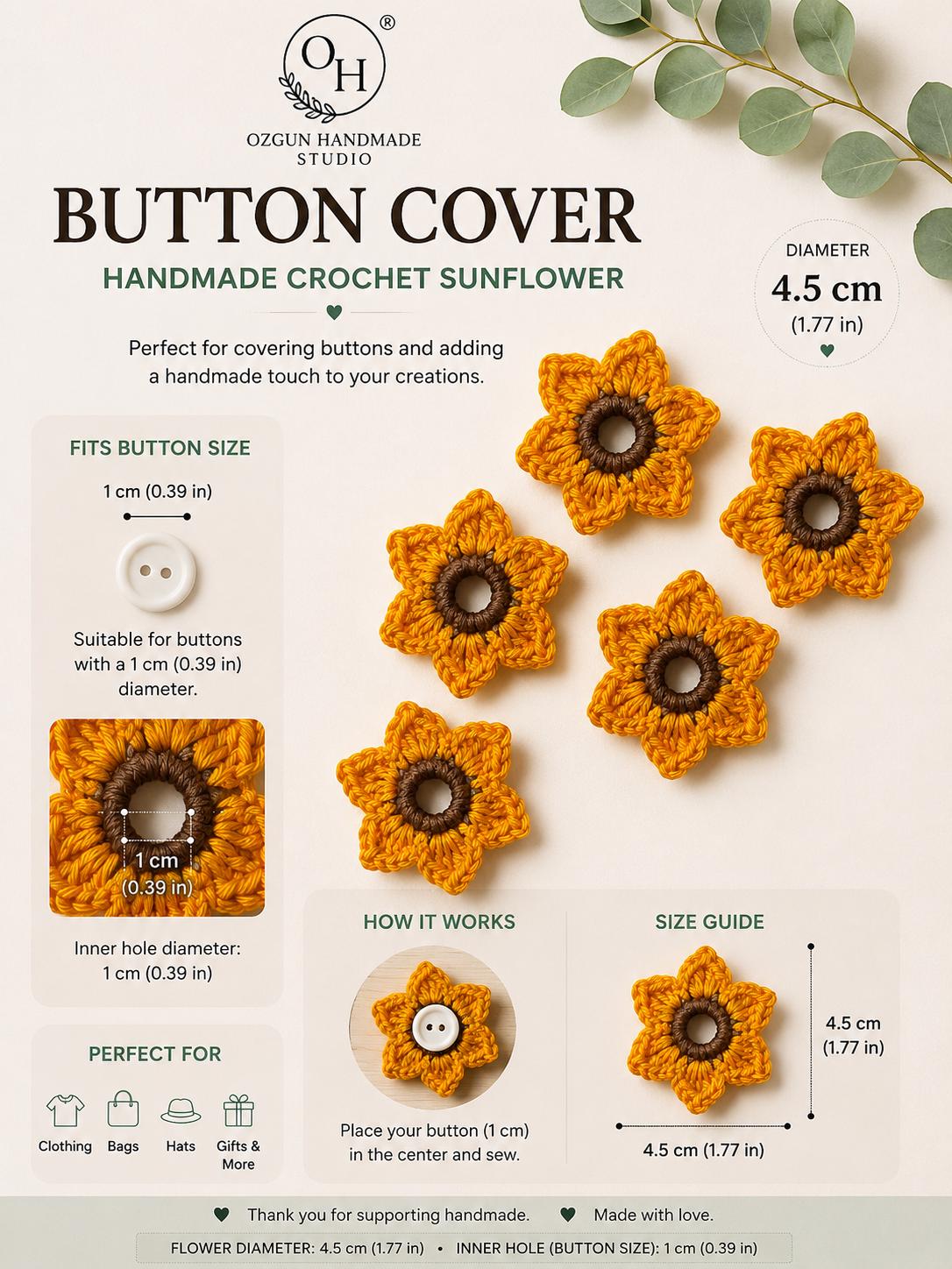 Crochet Sunflower Button Covers, No-Sew Removable Floral Shirt Accessory __etsy:8093760386