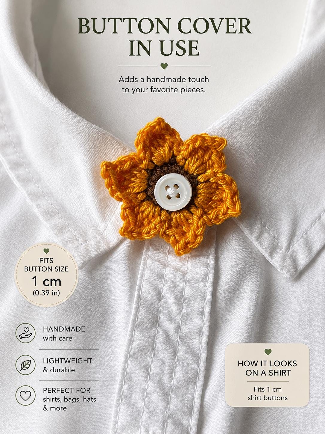 Crochet Sunflower Button Covers, No-Sew Removable Floral Shirt Accessory __etsy:8093760404
