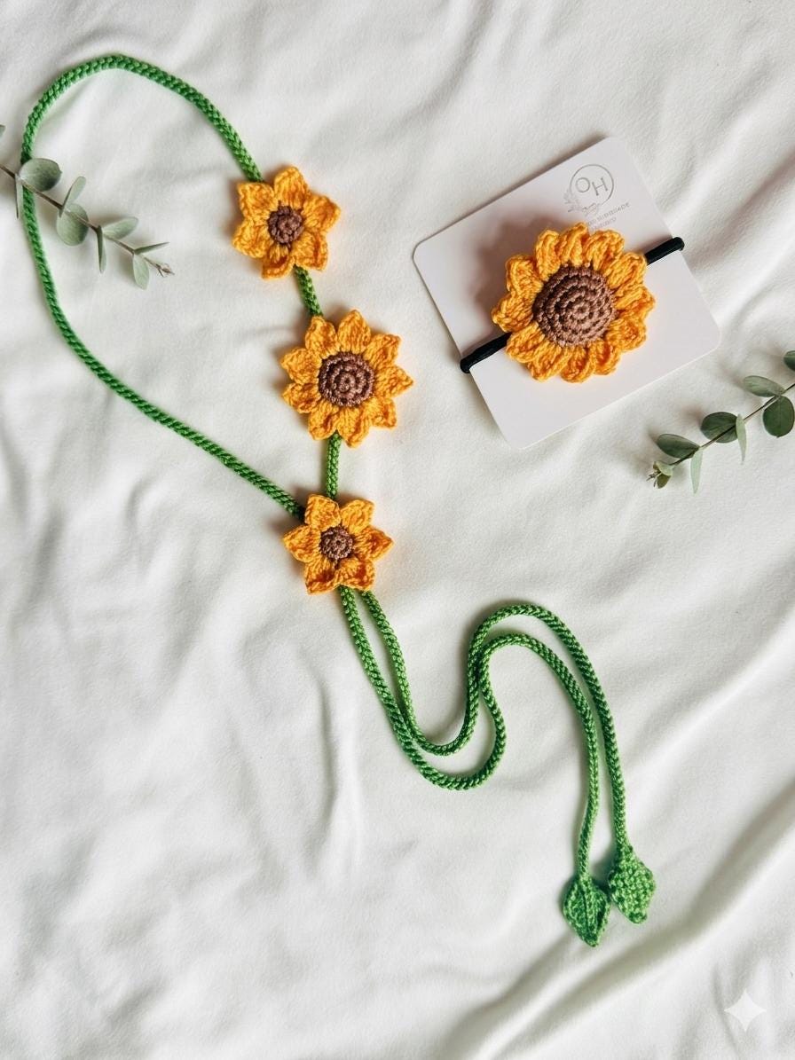 Crochet Sunflower Choker Tie, Floral Neck Accessory, Boho Cotton Yarn Styling __etsy:8093470942