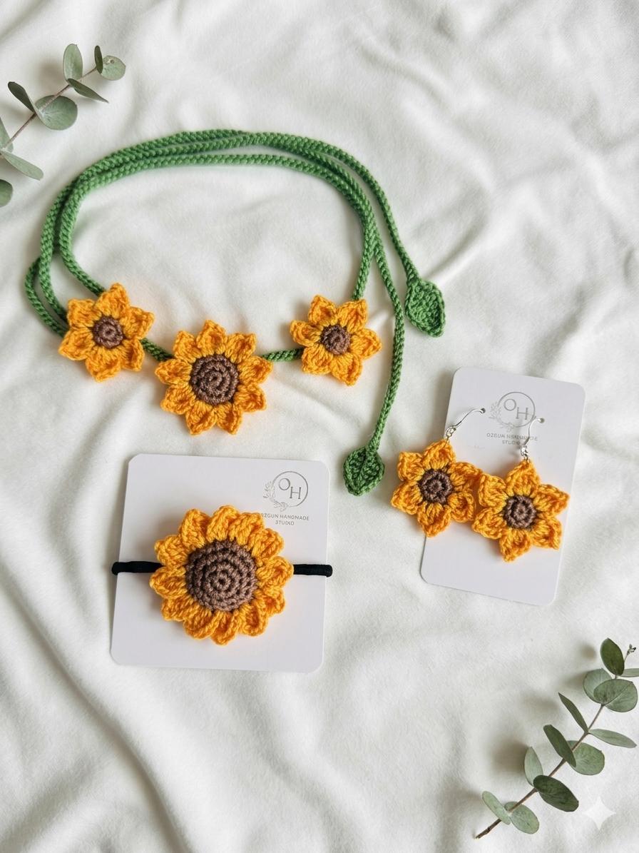 Crochet Sunflower Choker Tie, Floral Neck Accessory, Boho Cotton Yarn Styling __etsy:8141378945