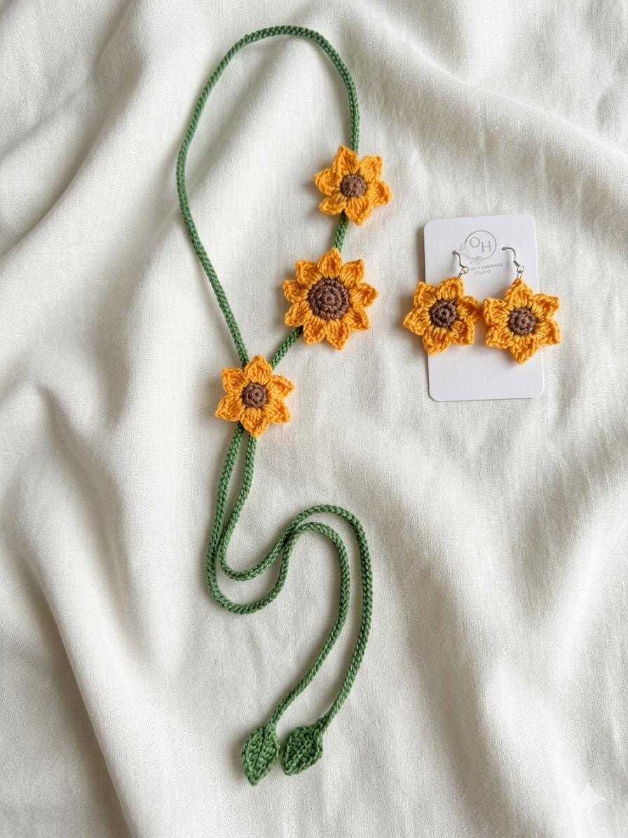Crochet Sunflower Choker Tie, Floral Neck Accessory, Boho Cotton Yarn Styling __etsy:8141379015