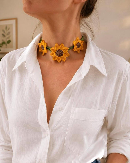 Crochet Sunflower Choker Tie, Floral Neck Accessory, Boho Cotton Yarn Styling __etsy:8097297796
