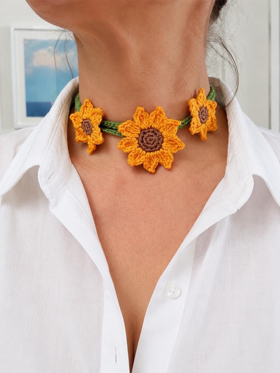 Crochet Sunflower Choker Tie, Floral Neck Accessory, Boho Cotton Yarn Styling __etsy:8093176420