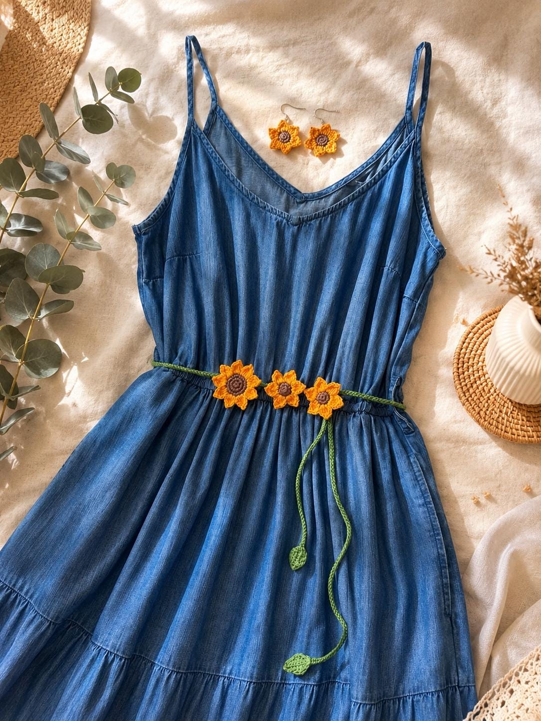 Crochet Sunflower Choker Tie, Floral Neck Accessory, Boho Cotton Yarn Styling __etsy:8096940844