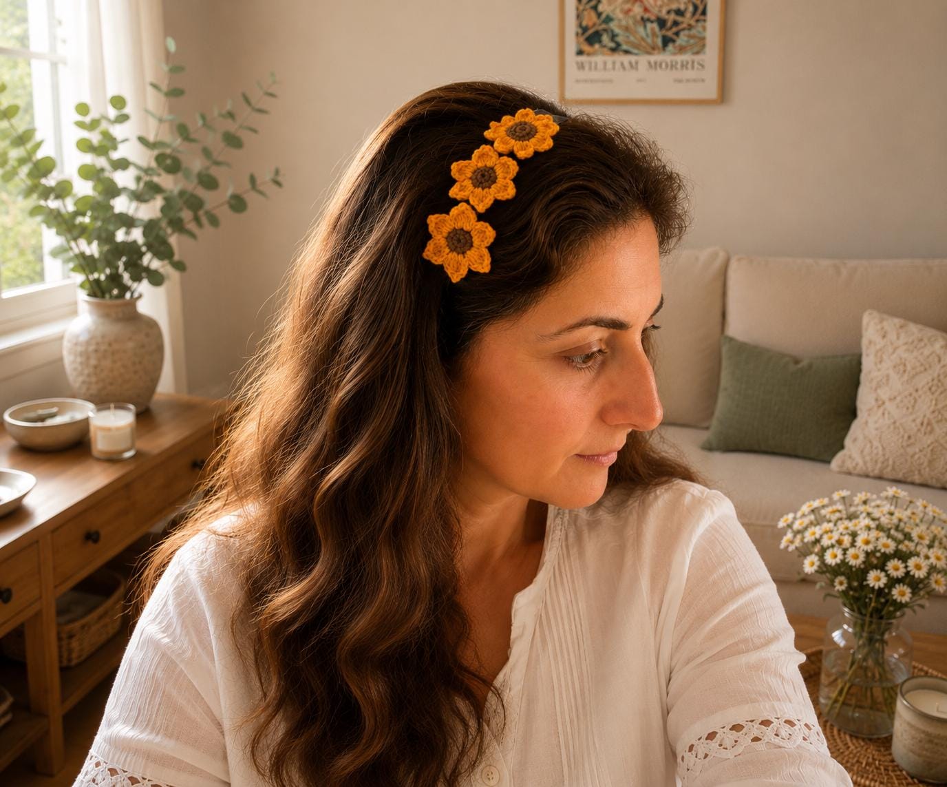 Crochet Sunflower Choker Tie, Floral Neck Accessory, Boho Cotton Yarn Styling __etsy:8144843379