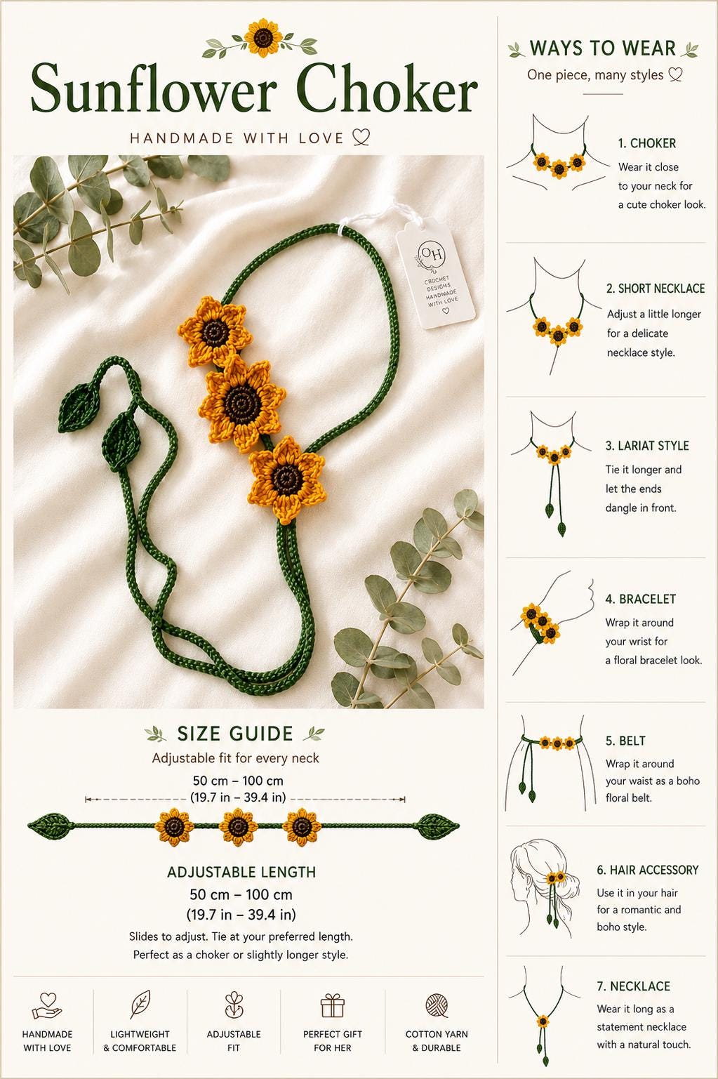 Crochet Sunflower Choker Tie, Floral Neck Accessory, Boho Cotton Yarn Styling __etsy:8145386173