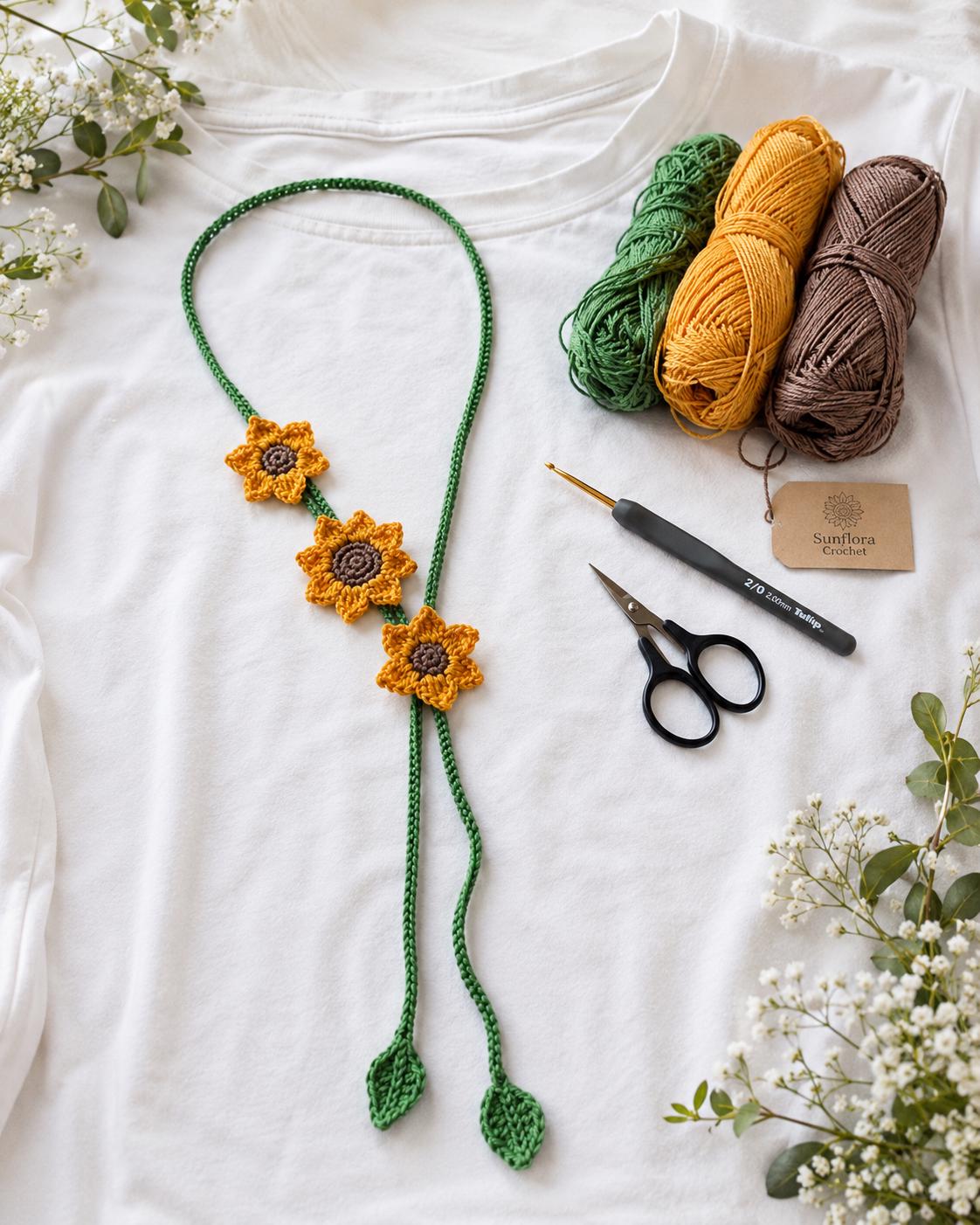 Crochet Sunflower Choker Tie, Floral Neck Accessory, Boho Cotton Yarn Styling __etsy:8093176424
