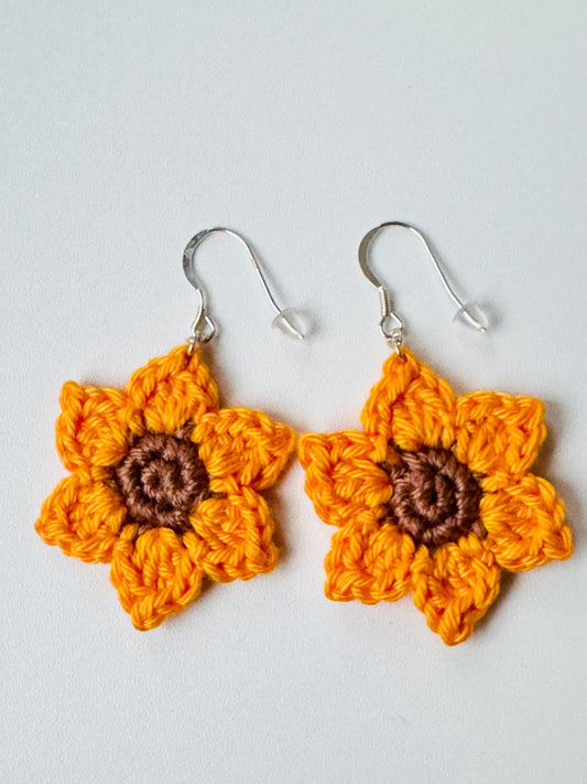 Crochet Sunflower Earrings – Sterling Silver Hooks, Handmade Cotton