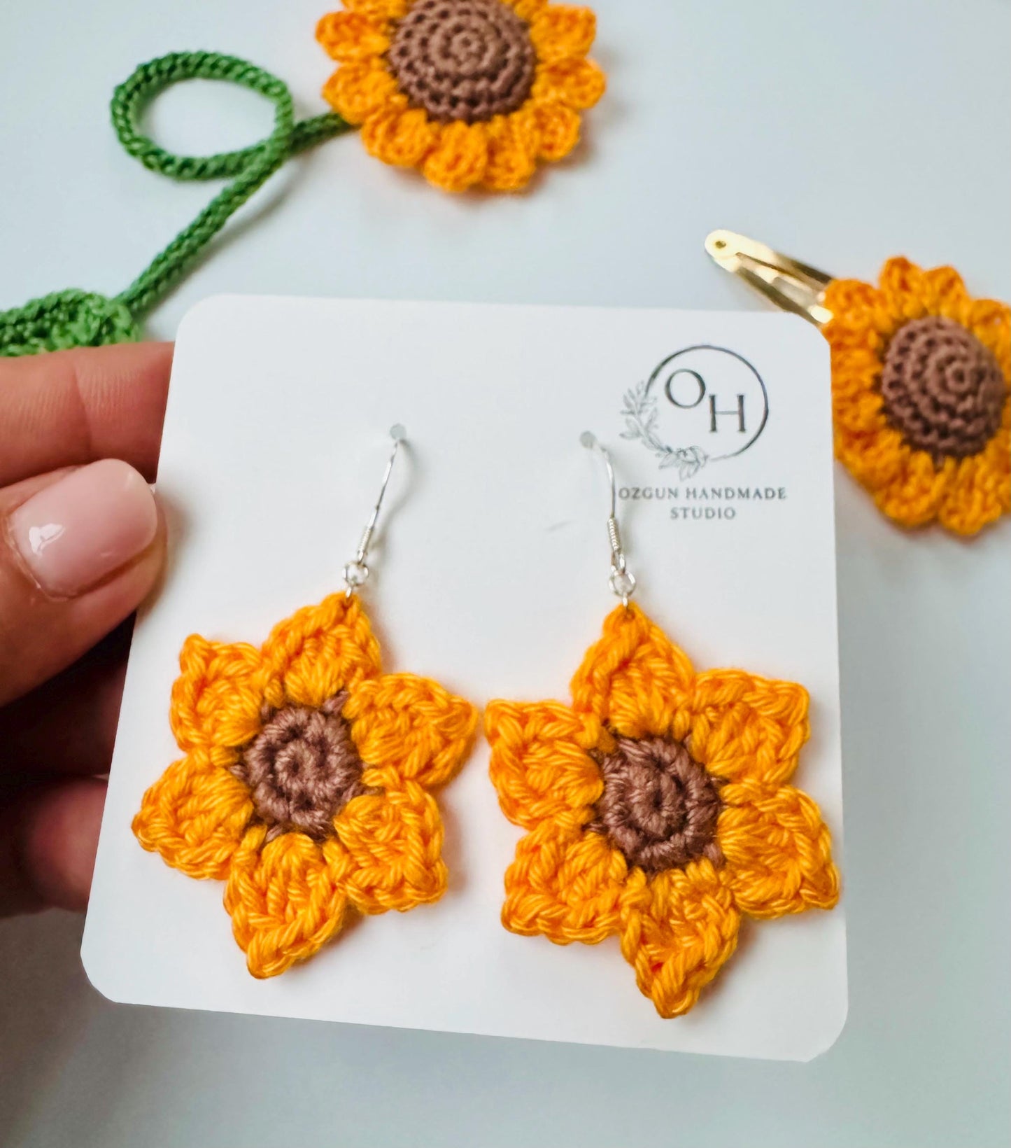Crochet Sunflower Earrings – Sterling Silver Hooks, Handmade Cotton
