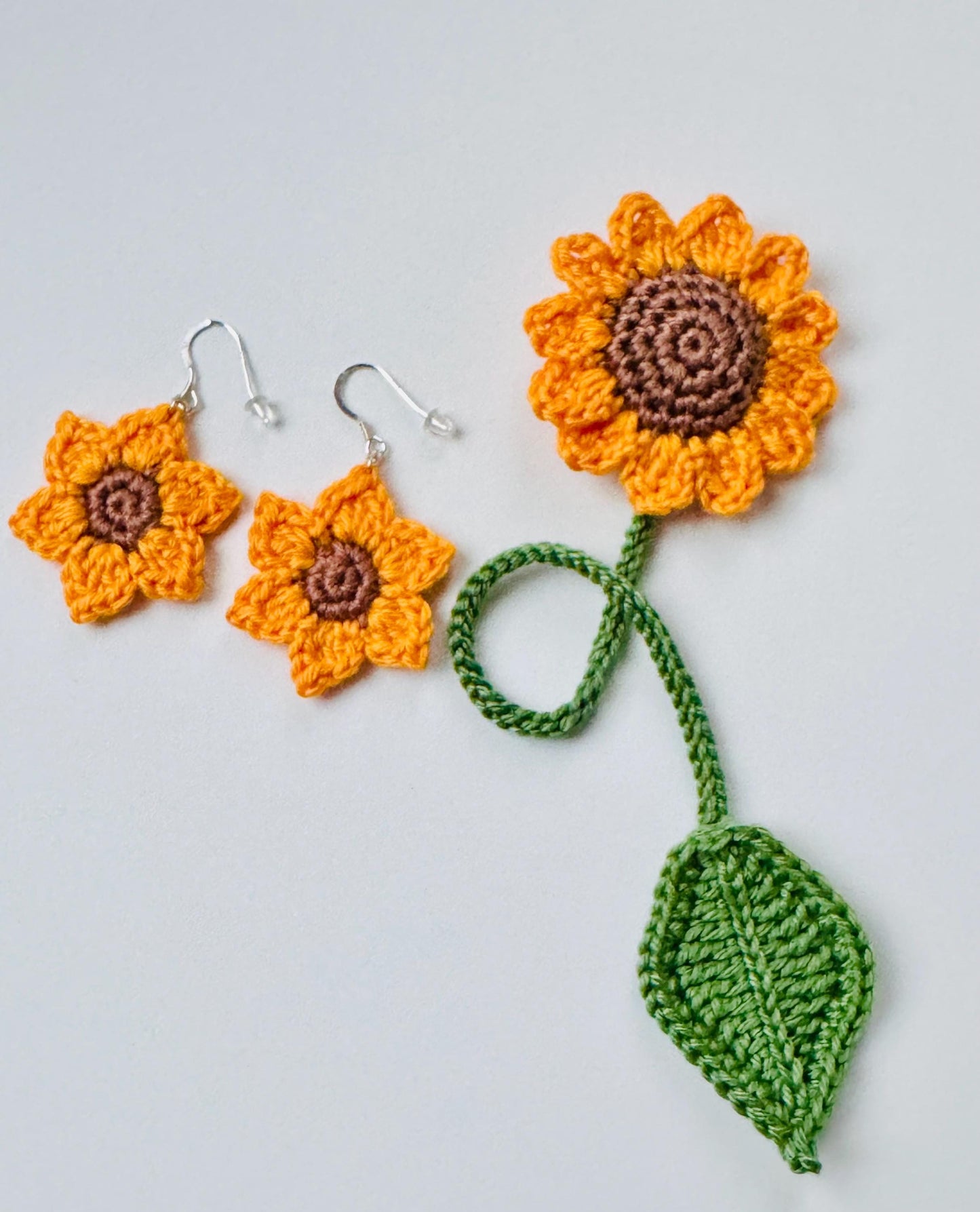 Crochet Sunflower Earrings – Sterling Silver Hooks, Handmade Cotton