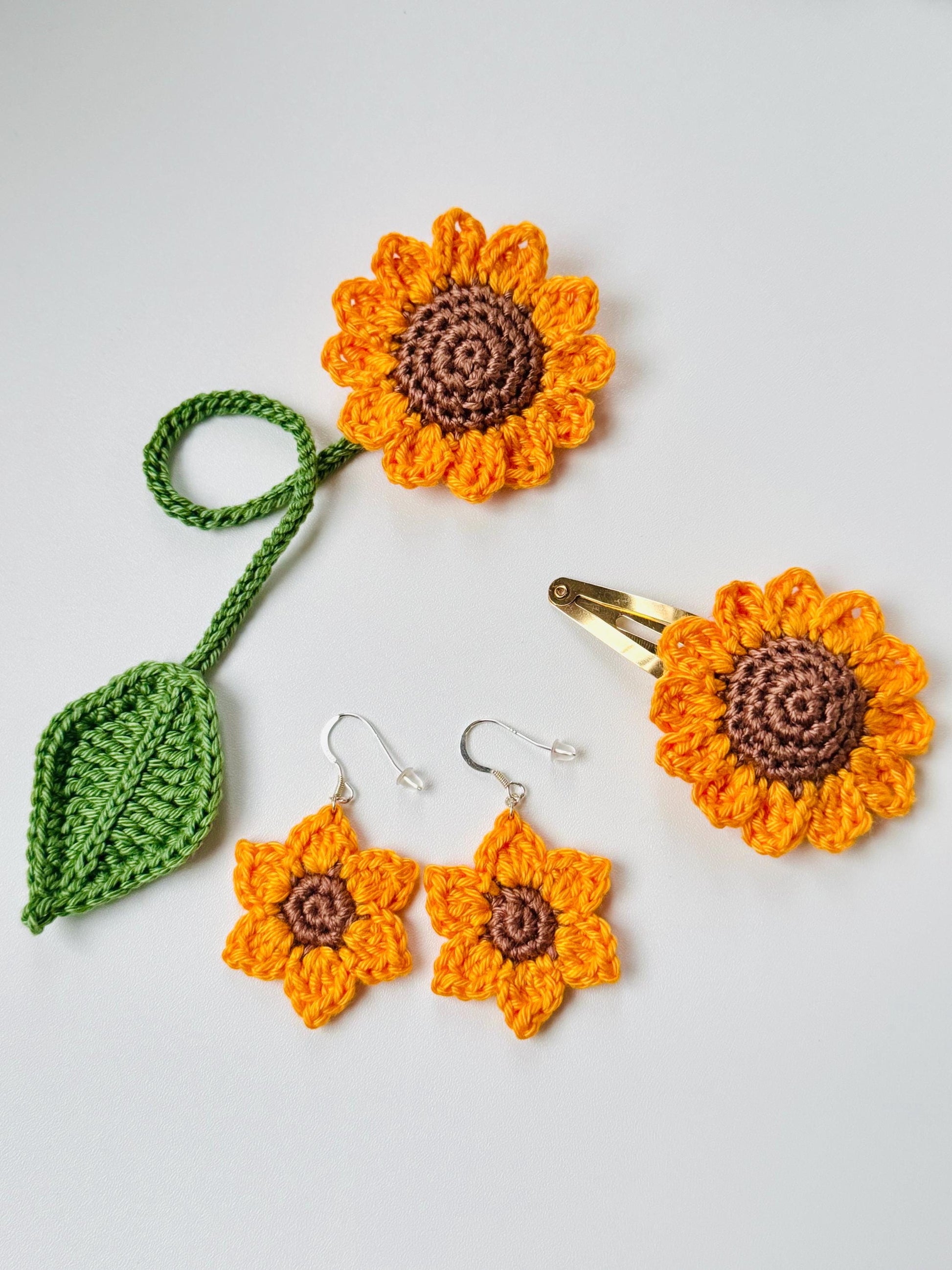 Crochet Sunflower Earrings – Sterling Silver Hooks, Handmade Cotton