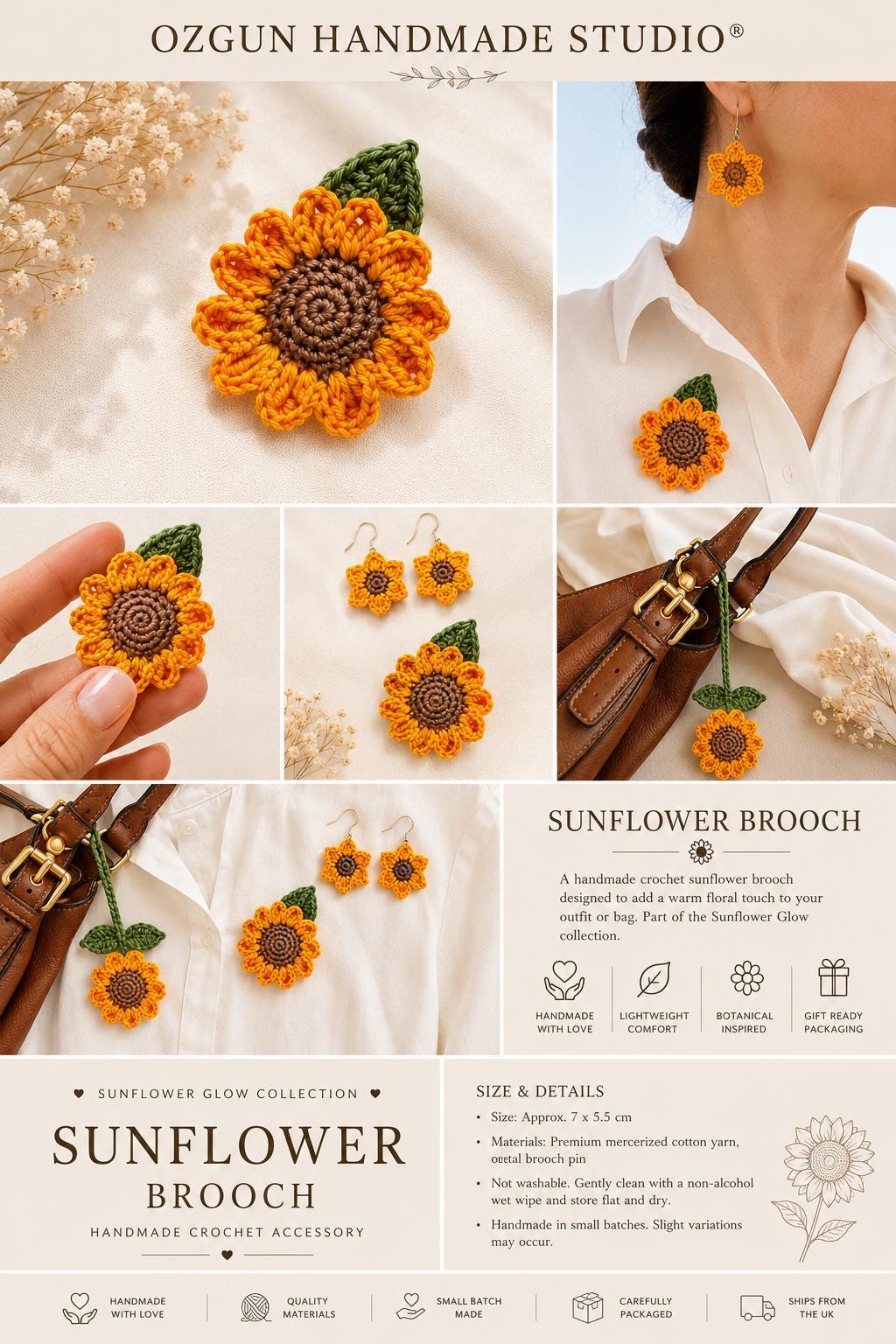 Crochet Sunflower Earrings, Sterling Silver Hooks, Handmade Floral Jewellery, Brooch Set Option __etsy:8072029004
