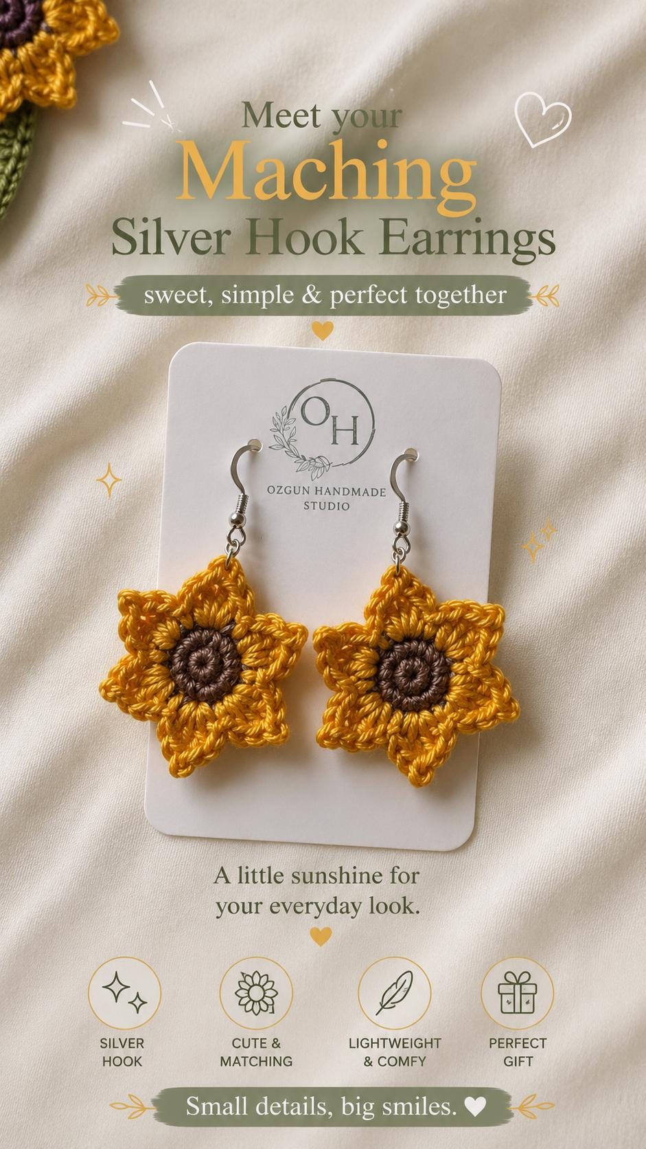 Crochet Sunflower Earrings, Sterling Silver Hooks, Handmade Floral Jewellery, Brooch Set Option __etsy:8073749010