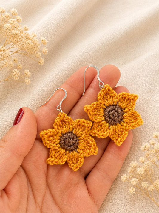 Crochet Sunflower Earrings, Sterling Silver Hooks, Handmade Floral Jewellery, Brooch Set Option __etsy:8115950723