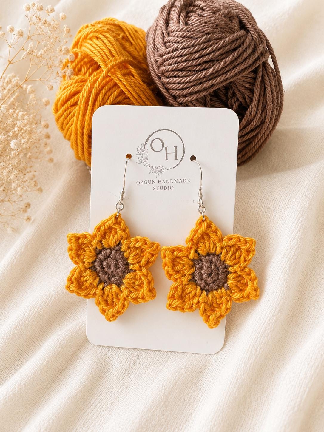 Crochet Sunflower Earrings, Sterling Silver Hooks, Handmade Floral Jewellery, Brooch Set Option __etsy:8118816093