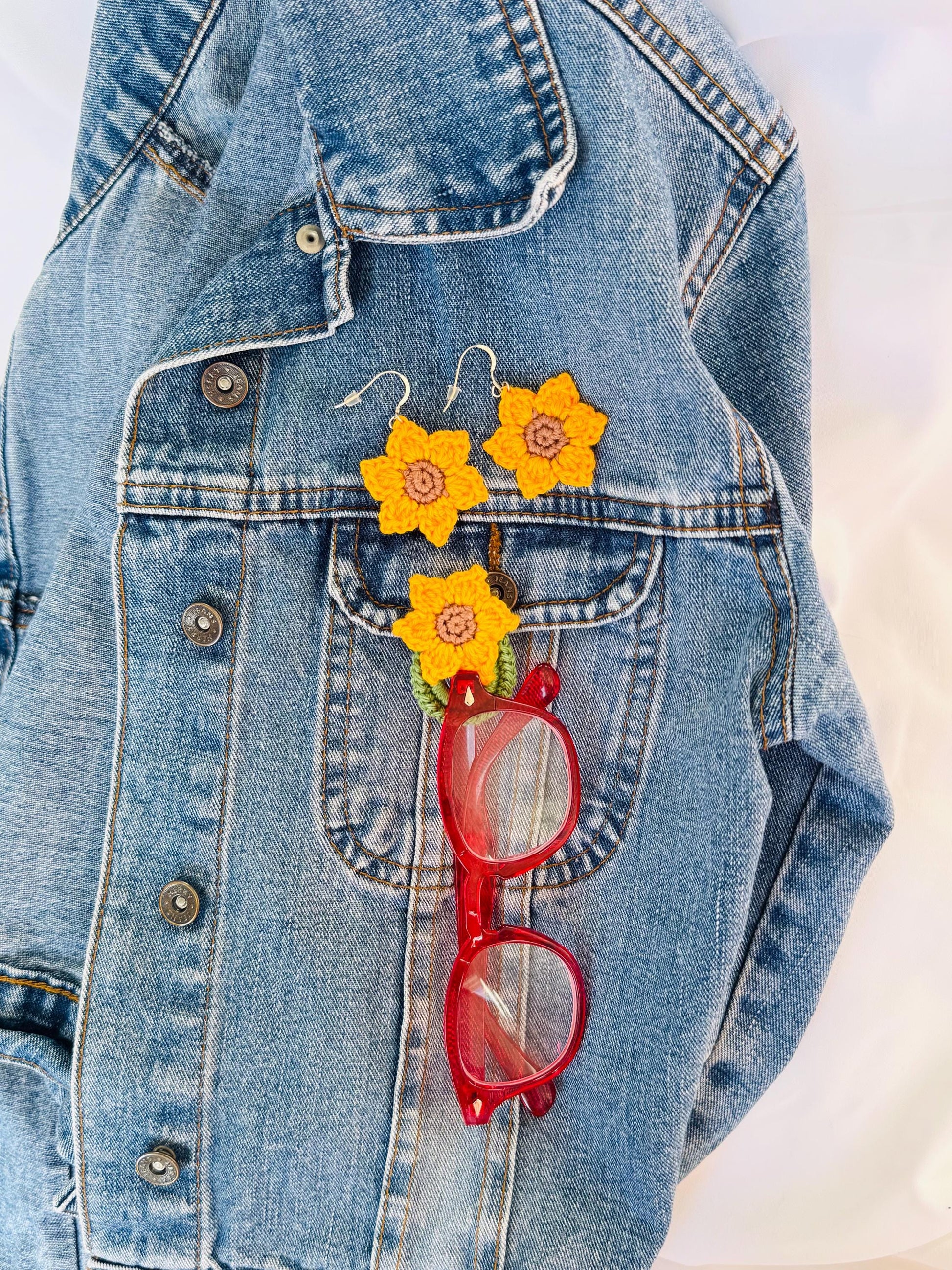 Crochet Sunflower Earrings, Sterling Silver Hooks, Handmade Floral Jewellery, Brooch Set Option __etsy:7994790307