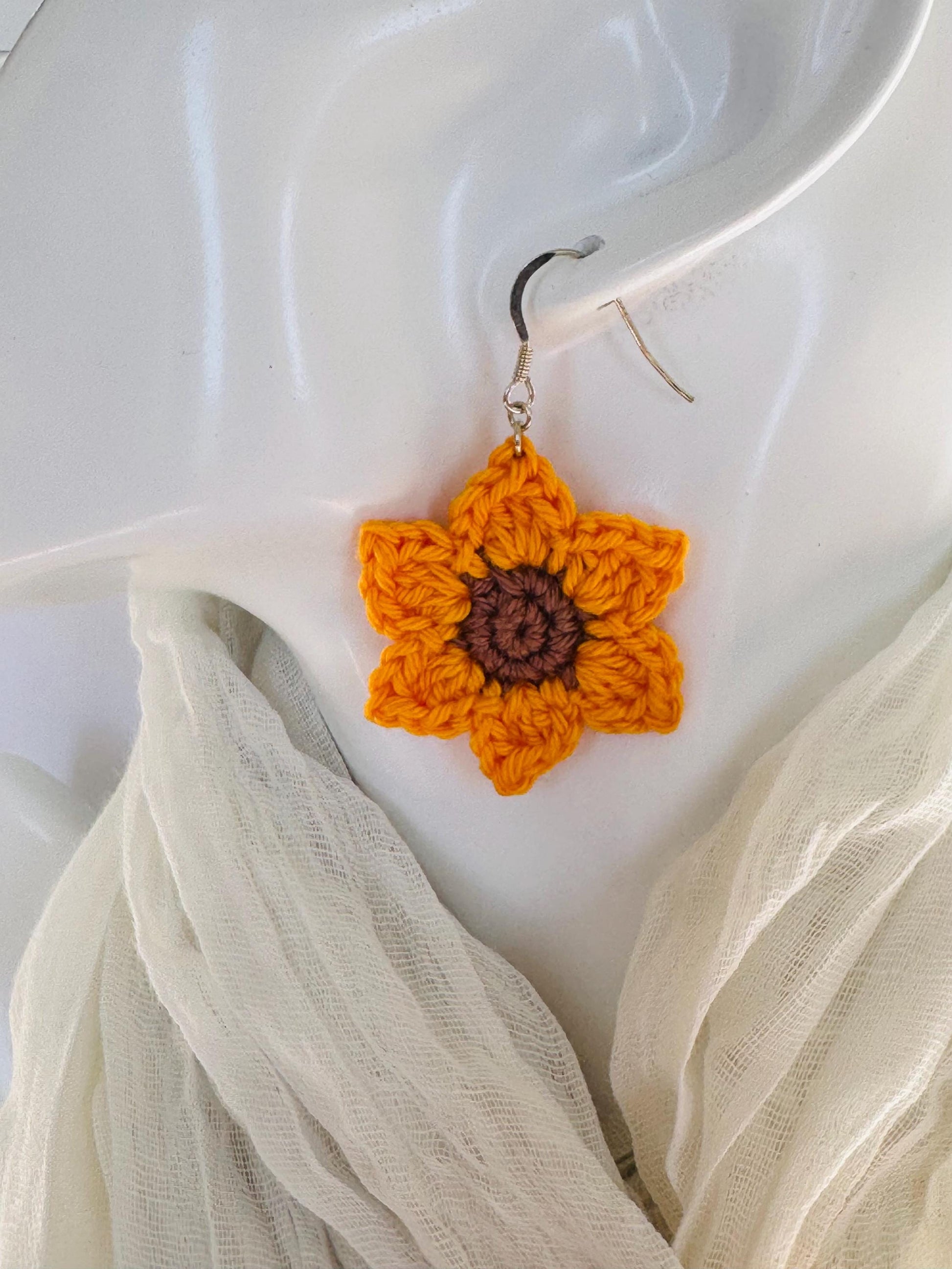 Crochet Sunflower Earrings, Sterling Silver Hooks, Handmade Floral Jewellery, Brooch Set Option __etsy:7946835706
