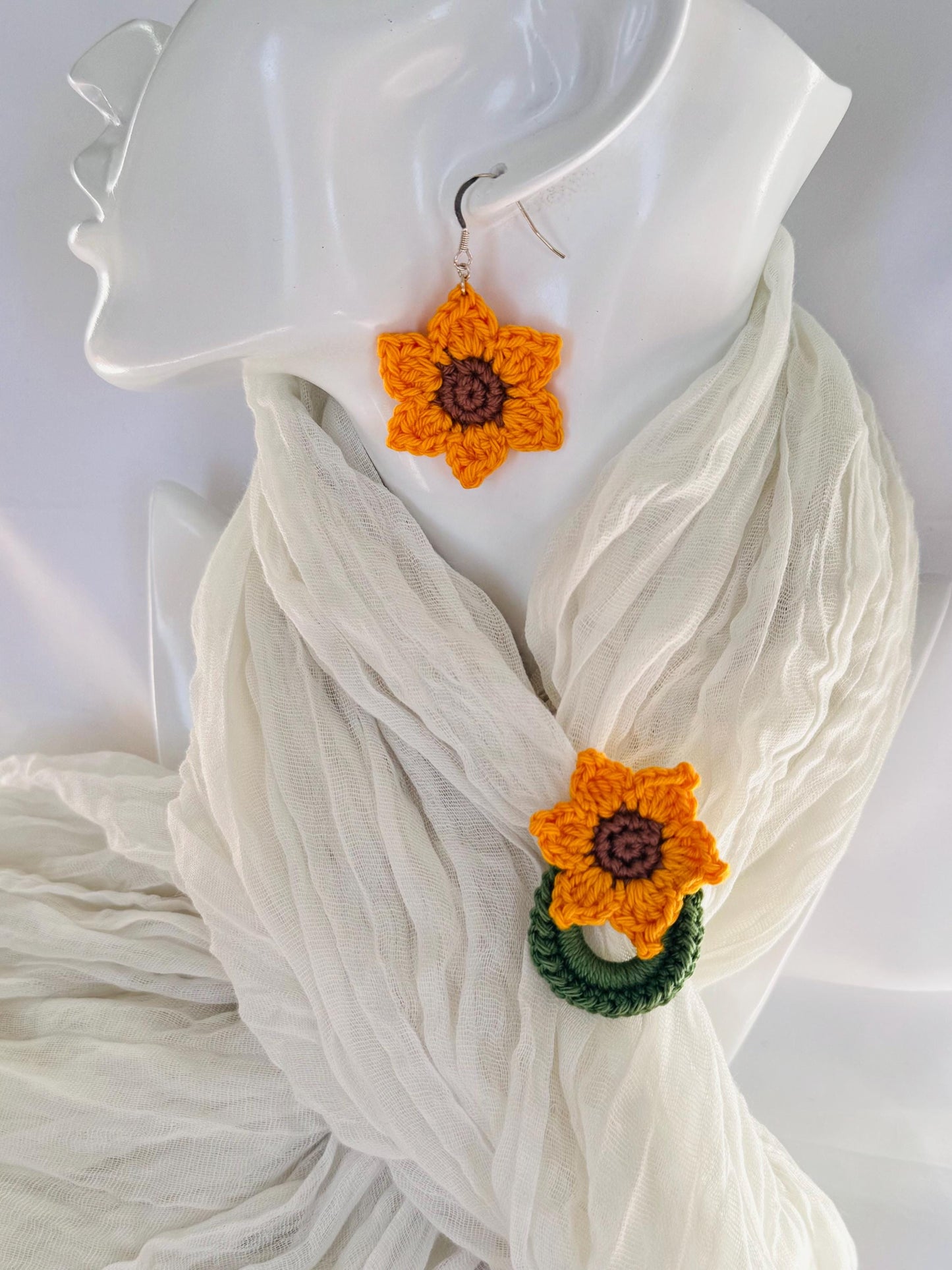 Crochet Sunflower Earrings, Sterling Silver Hooks, Handmade Floral Jewellery, Brooch Set Option __etsy:7946835734