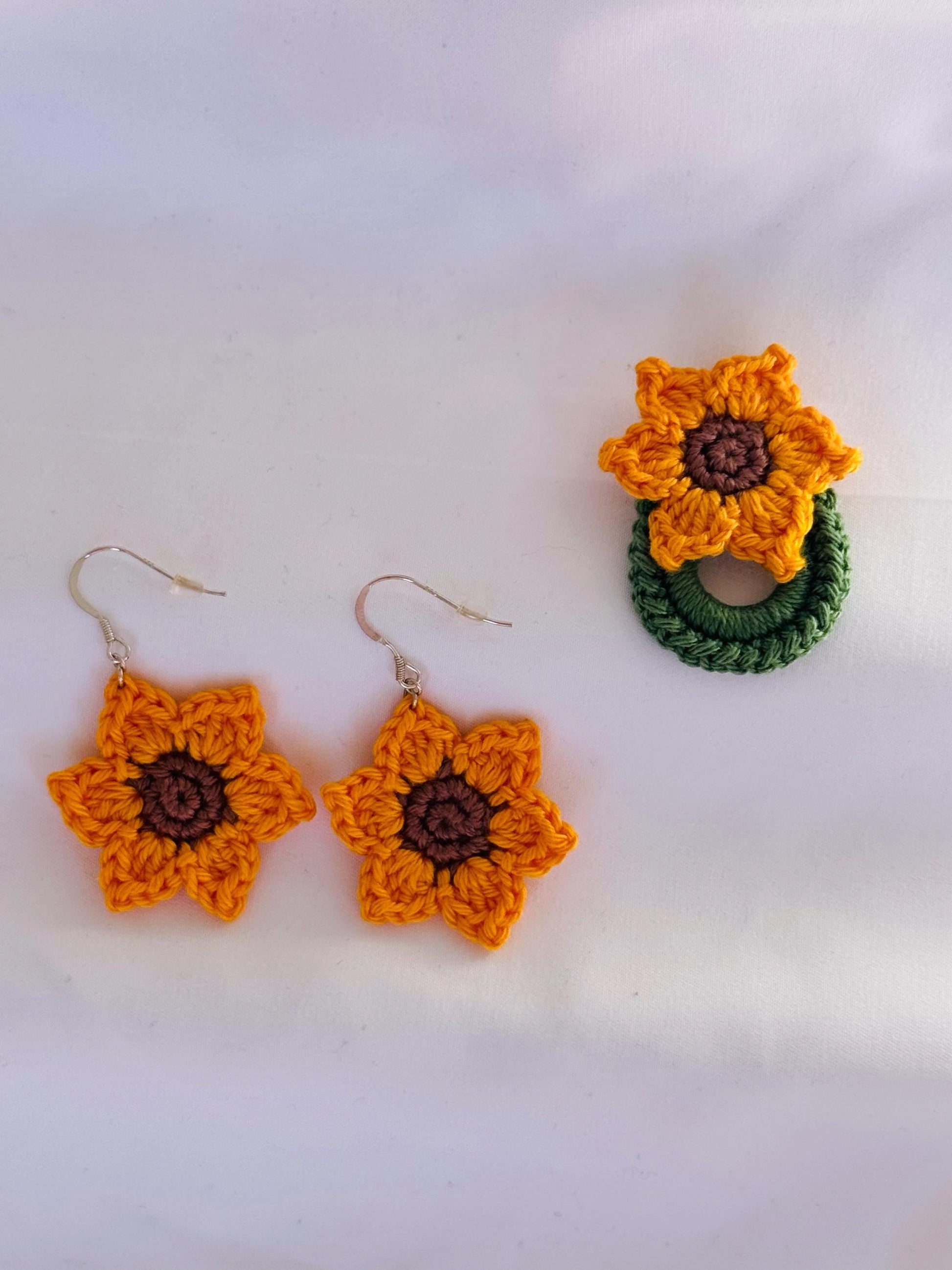 Crochet Sunflower Earrings, Sterling Silver Hooks, Handmade Floral Jewellery, Brooch Set Option __etsy:7946835738