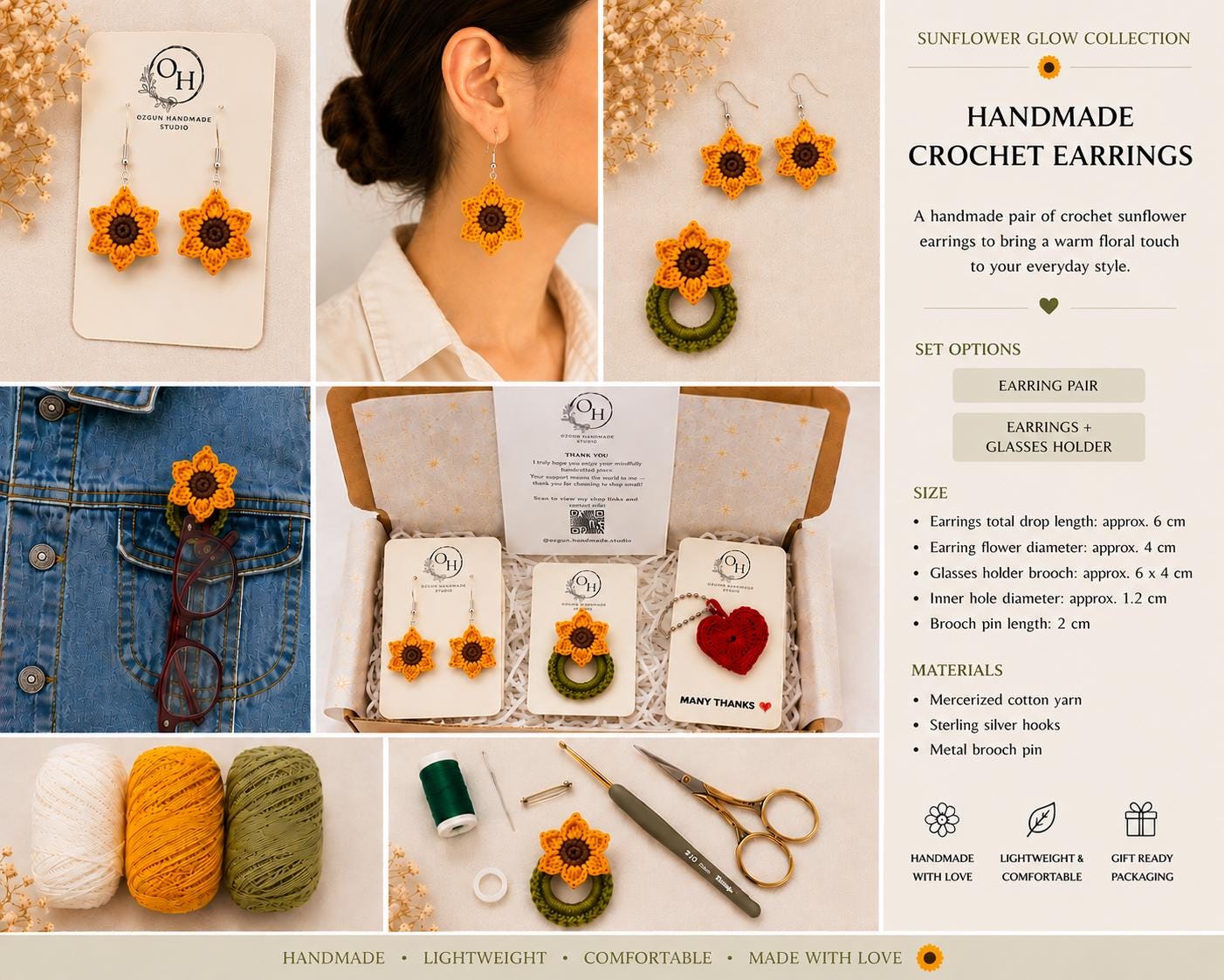 Crochet Sunflower Earrings, Sterling Silver Hooks, Handmade Floral Jewellery, Brooch Set Option __etsy:8098525083