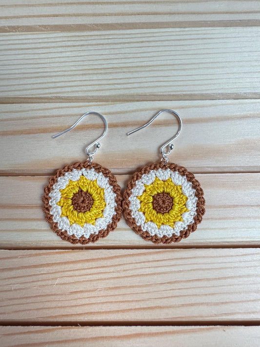 Crochet Sunflower Earrings – Two Colour Variations | Sterling Silver Hooks