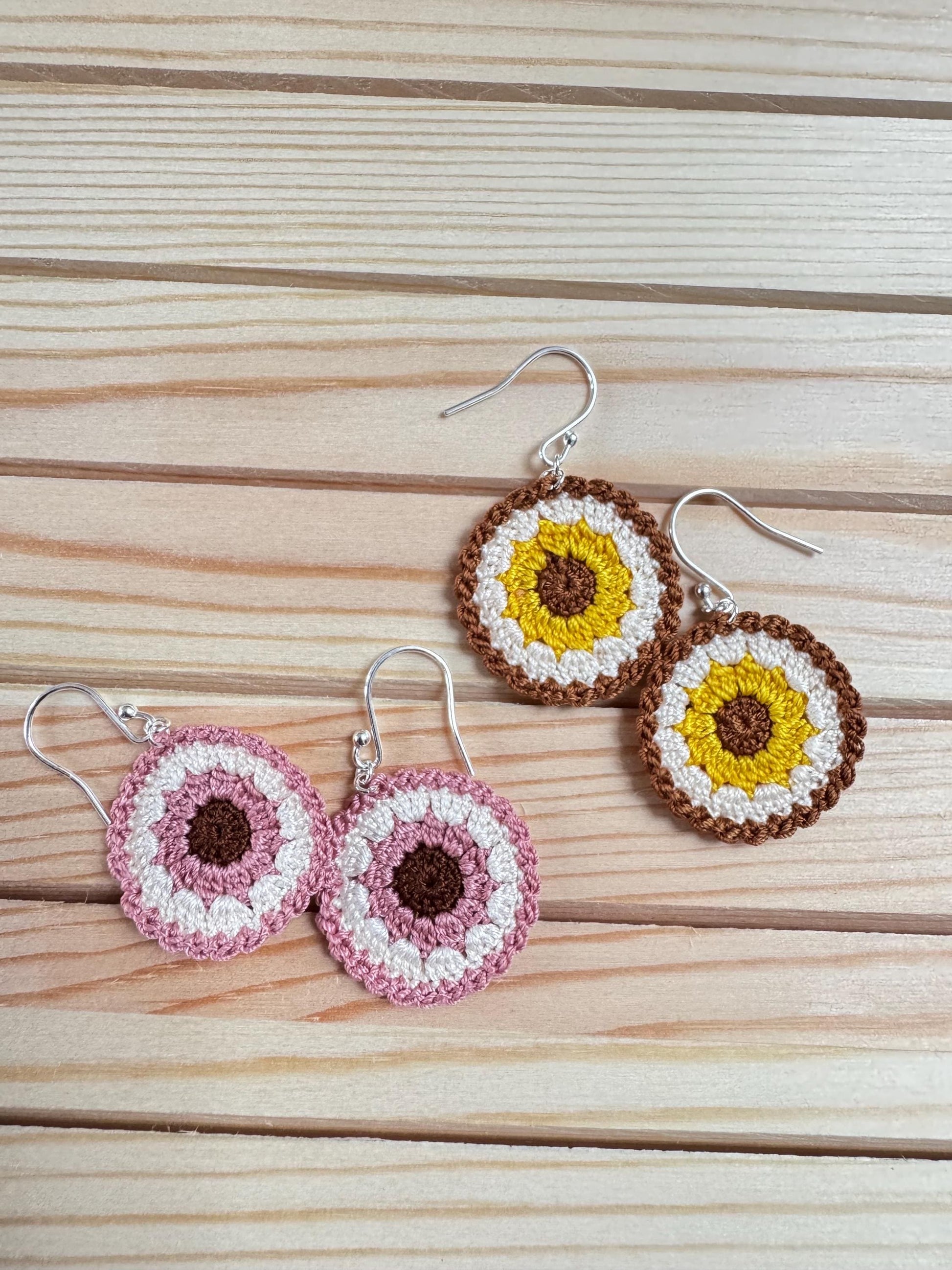 Crochet Sunflower Earrings – Two Colour Variations | Sterling Silver Hooks