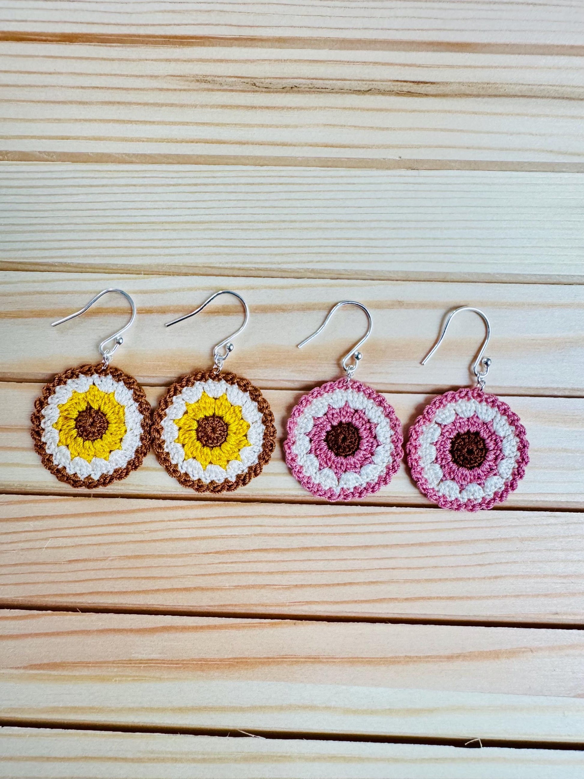 Crochet Sunflower Earrings – Two Colour Variations | Sterling Silver Hooks