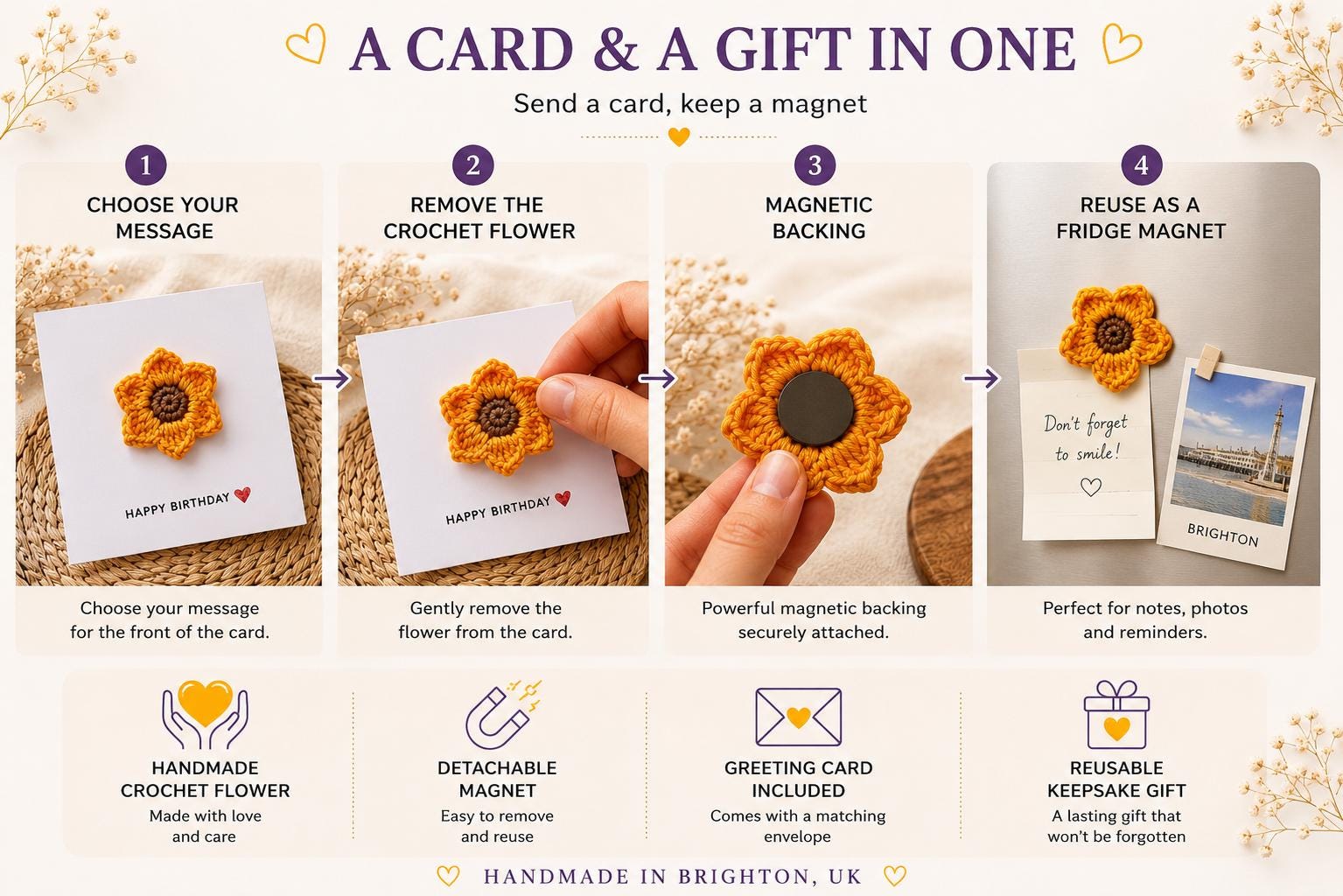Crochet Sunflower Flower Card with Removable Keepsake Magnet, Handmade Floral Greeting __etsy:8104666700
