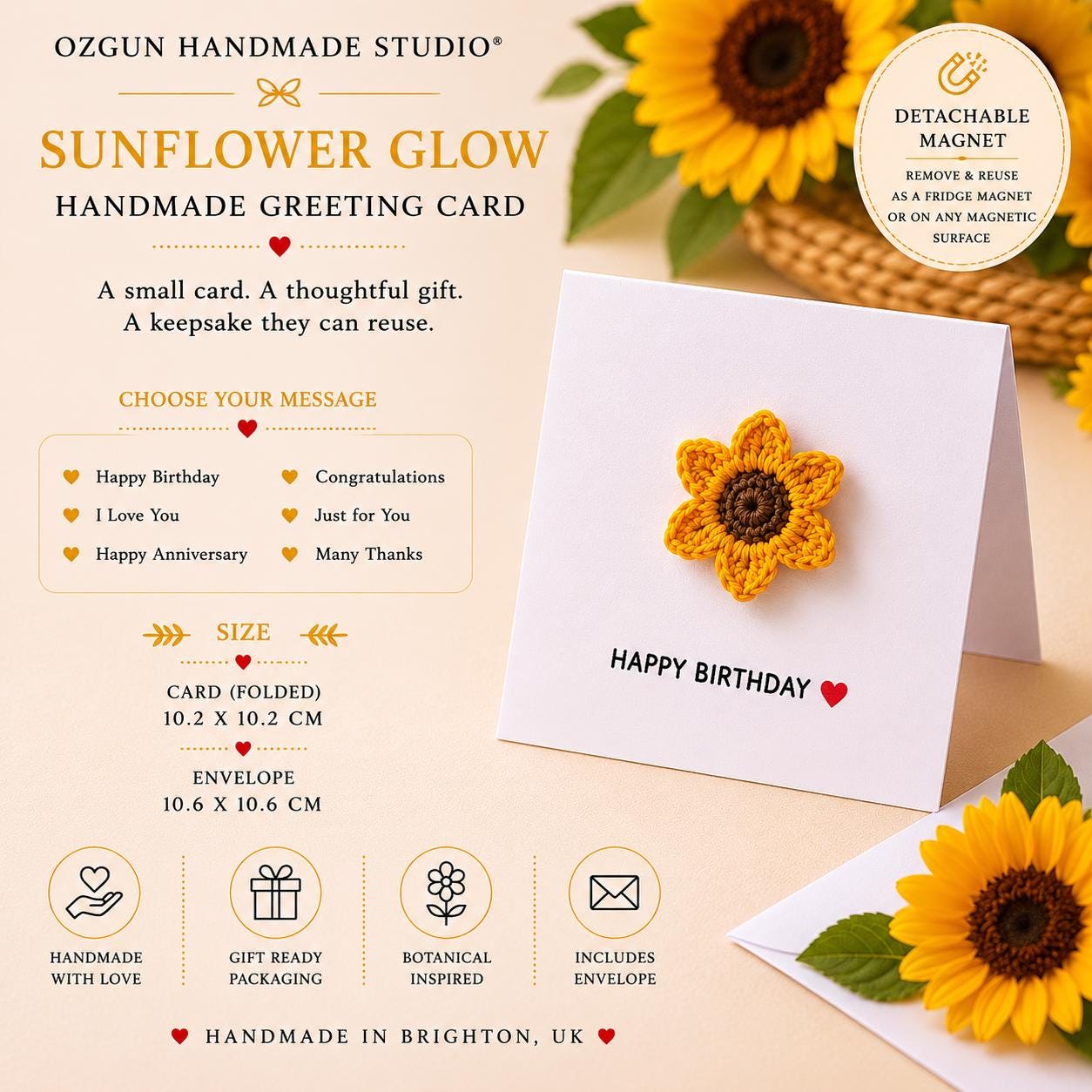 Crochet Sunflower Flower Card with Removable Keepsake Magnet, Handmade Floral Greeting __etsy:8101536977