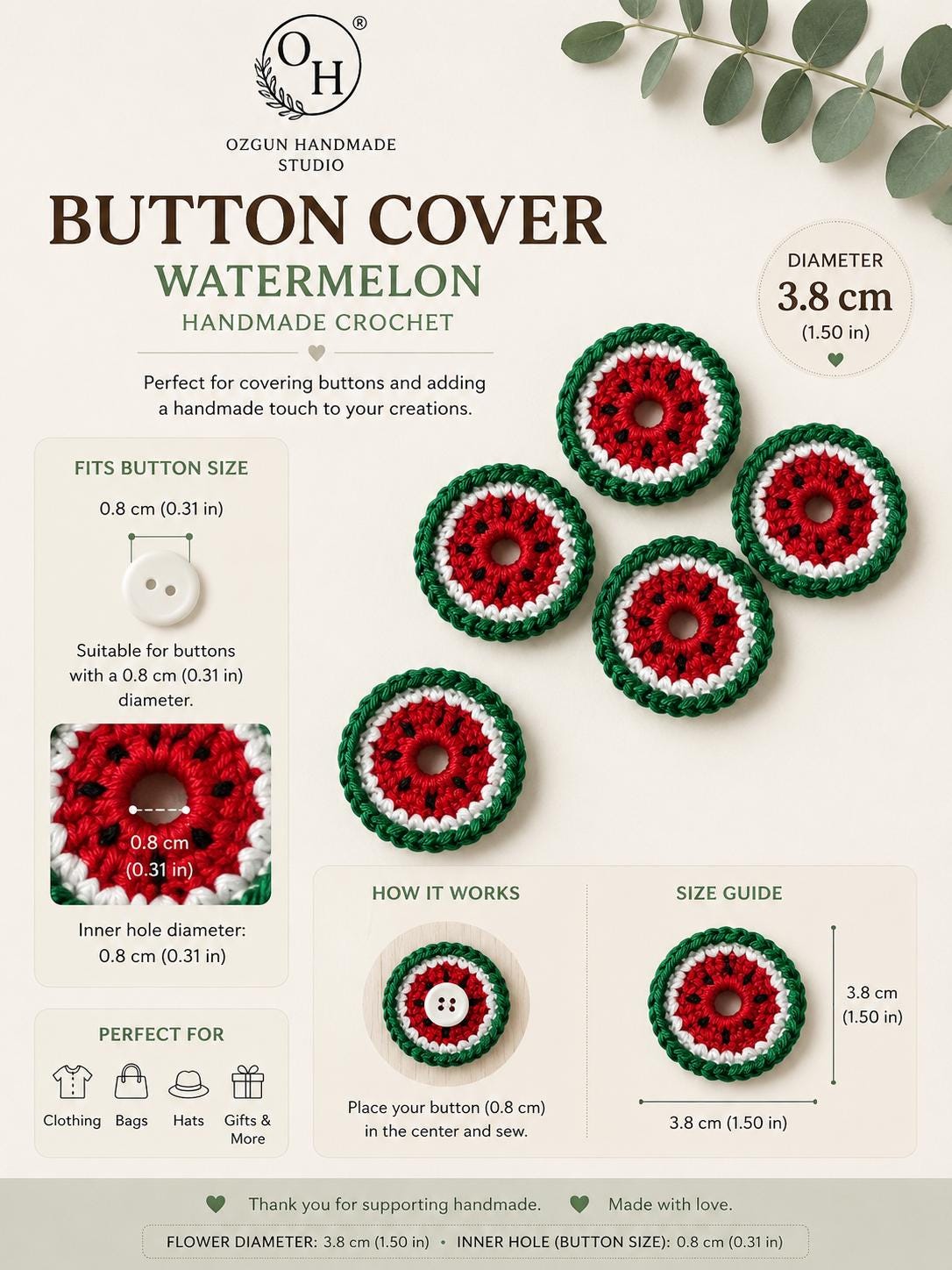 Crochet Watermelon Button Covers, No-Sew Removable Shirt Buttons, Set of 3 or 5 __etsy:8093885472